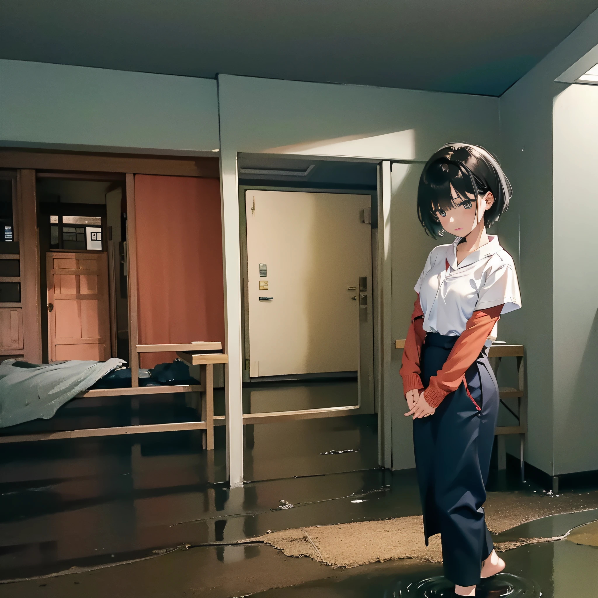 with short black hair、Korean 、Poor shyness、Reddening cheeks、Ragged clothes、Dilapidated houses,There is water on the ground,hide