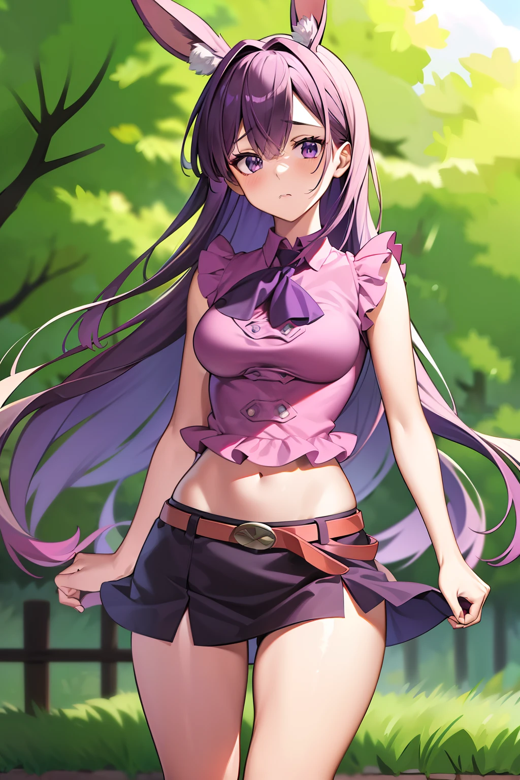 masterpiece, best quality, 1girl, purple hair, long hair, hime cut, blunt bangs, rabbit ears, animal ear fluff, purple eyes, pink shirt, black skirt, miniskirt, midriff, navel, single thighhigh, asymmetrical legwear, belt, brown belt, blush, angry, looking at viewer, gloves, black gloves