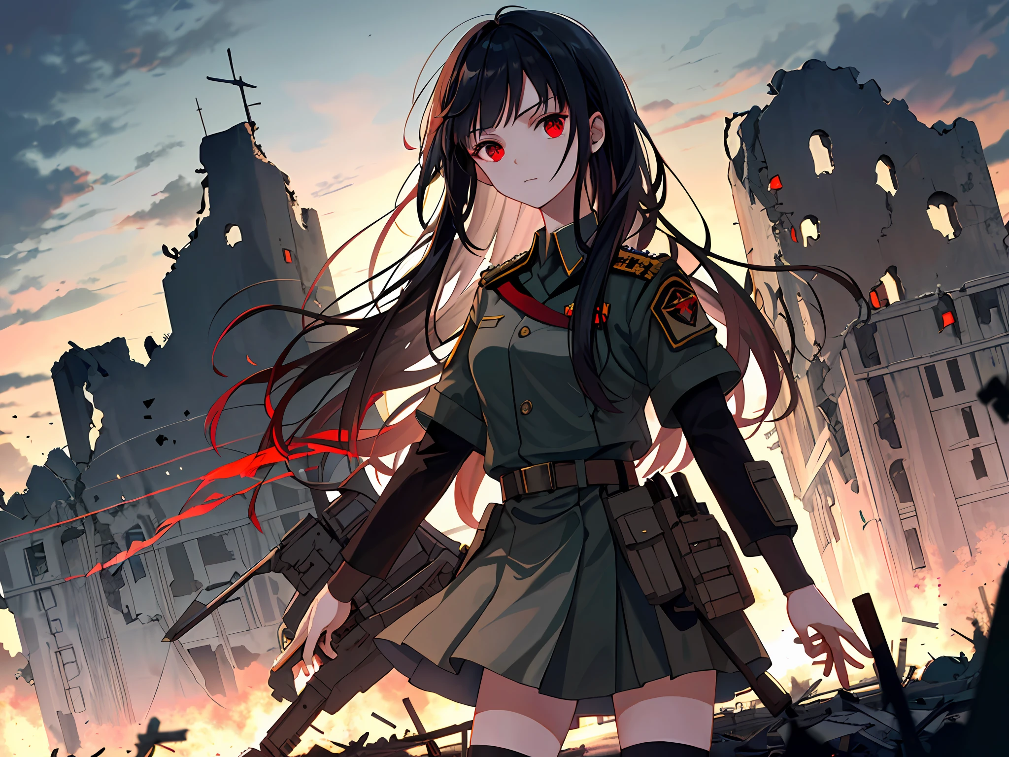 High Picture Quality,with light glowing,A maiden in a commander's costume,Girl in uniform,Long black hair and red eyes,Top angle of view,Stand up,He looked at me with a worried look,Behind it are cities in the ruins of war,There are also missiles in the air,The background occupies a large position