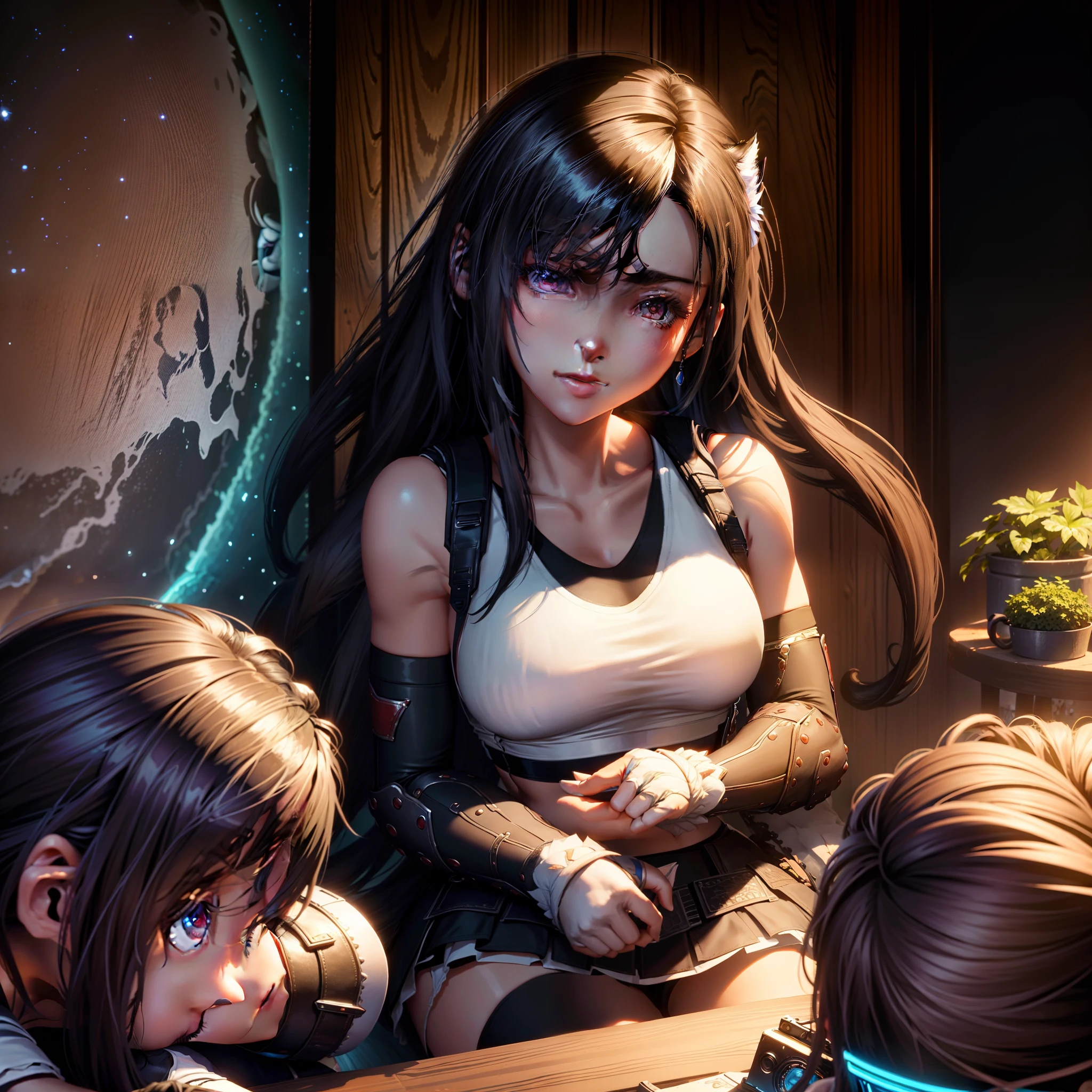 A girl with a beautiful face,Her eyes were as clear as the waters of a lake,slim toned body,Wear a wide half-sleeved shirt,Wear woolen socks,Sitting lazily in front of the computer,staring at the audience,Gamepad in hand,Surrounded by cluttered bedrooms,Kitten sleeping on girl's lap,Sunny outside