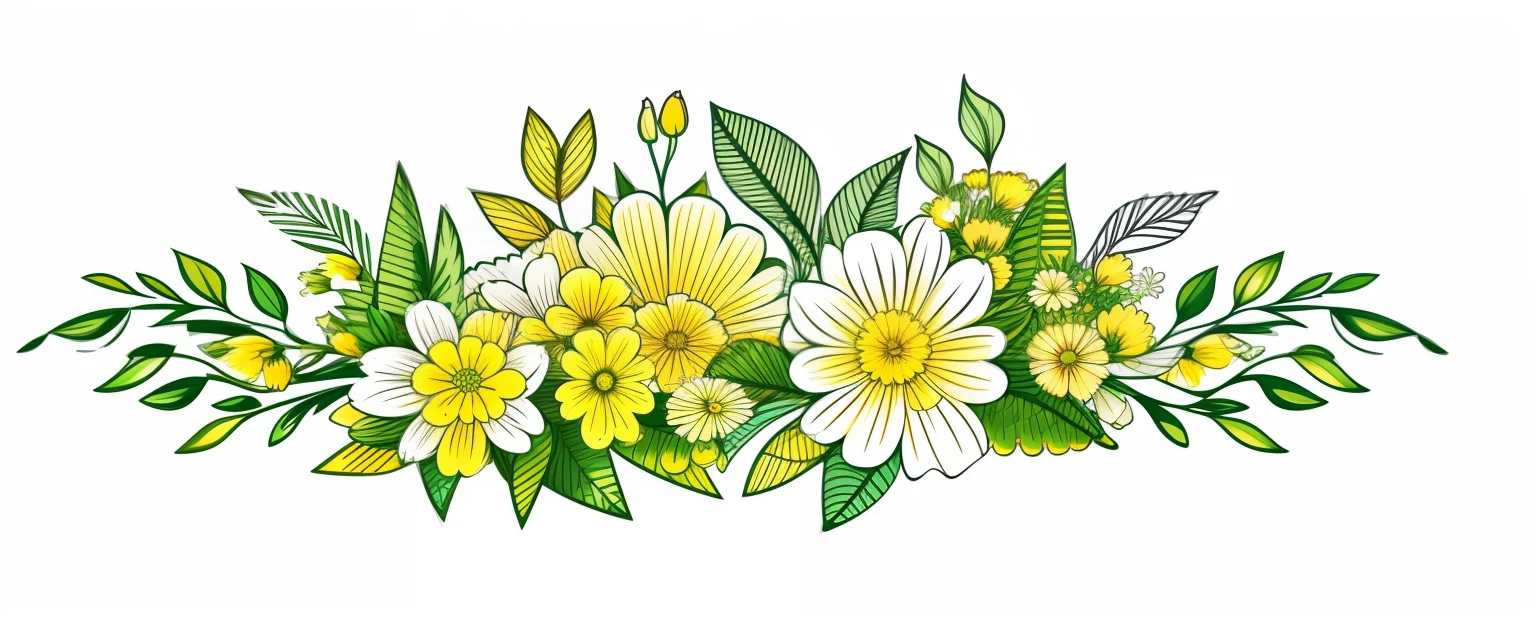 Drawing of a bouquet of flowers，Green leaves, Yellow-white gradient flowers, hand drawn svg, illustratio, Sketch color, line art, vectorial art, , Line - Art, Line art, svg vector art, Color art coloring page