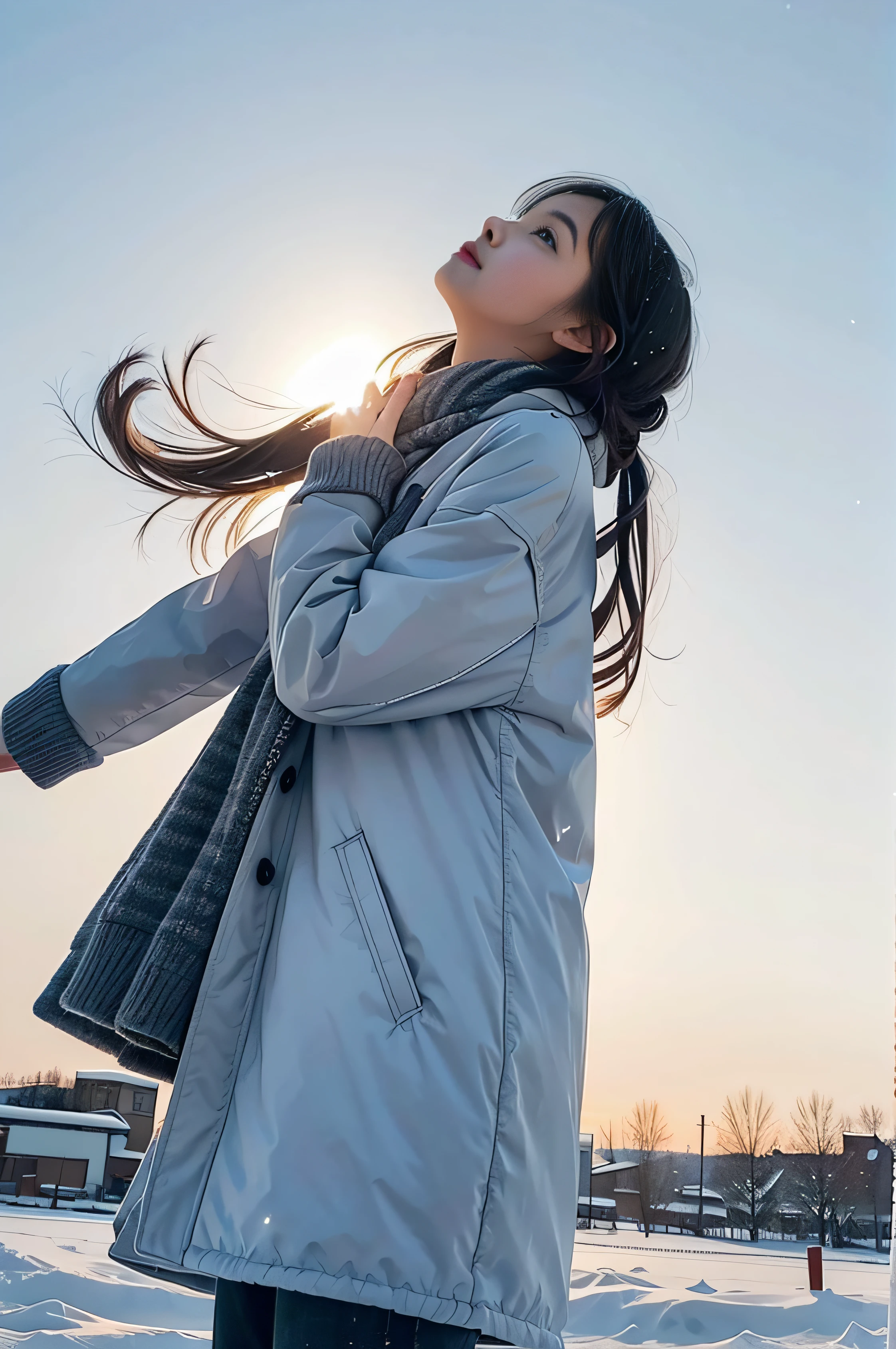 Beautiful girl looking up at the snowy sky、Raise your hands to the sky、Looking at the camera、hug