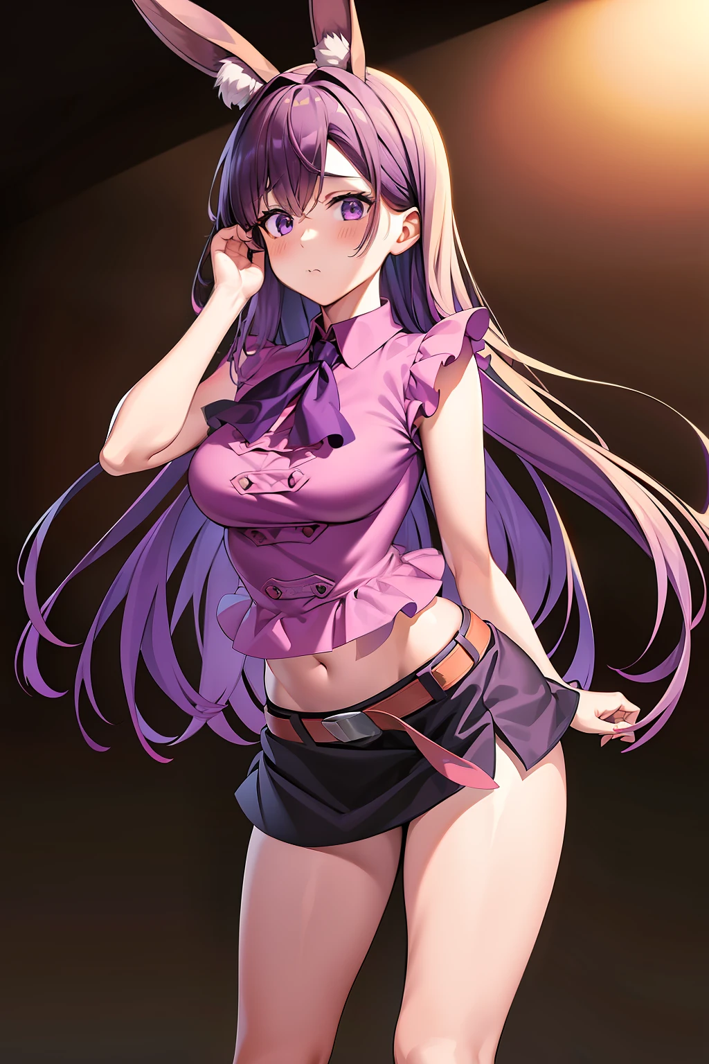 masterpiece, best quality, 1girl, purple hair, long hair, hime cut, blunt bangs, rabbit ears, animal ear fluff, purple eyes, pink shirt, black skirt, miniskirt, midriff, navel, single thighhigh, asymmetrical legwear, belt, brown belt, blush, angry, looking at viewer, gloves, black gloves