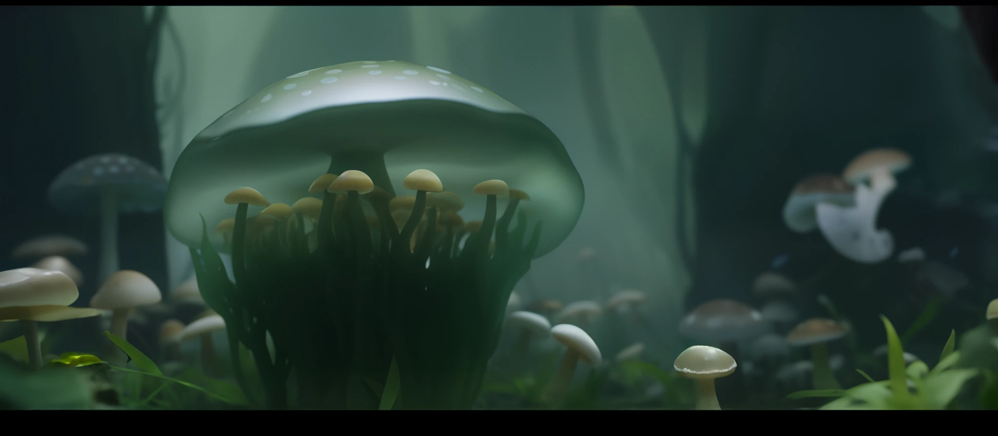 There is a jellyfish in the water,There are a lot of small mushrooms inside, underwater mushroom forest, translucent mushrooms, magic mushrooms, Mushroom forest, magic mushrooms, mushroom, Slime mold forest environment, Cogumelos, closeup cinematic aquatic scene, forest made of mushrooms, organic matte painting, giant mushroom, Mushrooms, toadstools, mushroom fractals, psychedelic mushrooms dream, giant mushroom