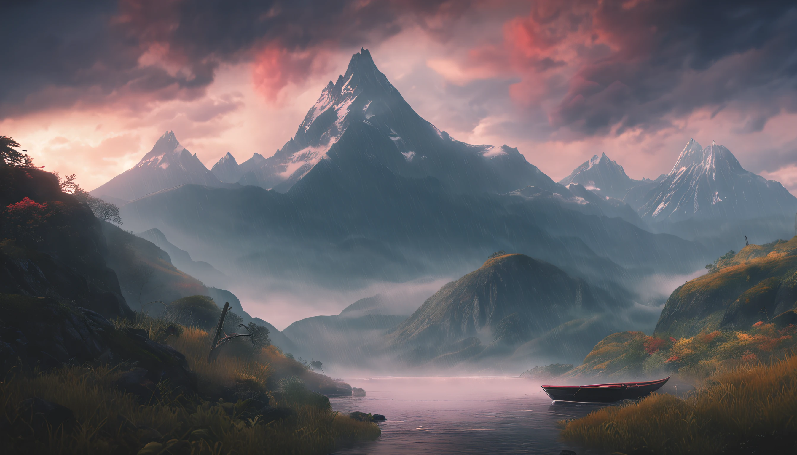 ghibli style, beautiful sky with mountains and river 4k wallpaper. Rainy and foggy atmosphere, evoking a moody and desolate future."