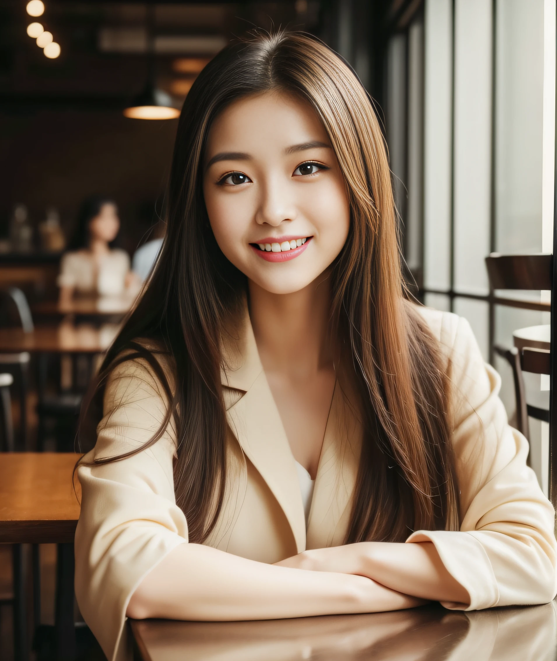 ((best quality, 8K, masterpiece: 1.3)), beautiful girl, pure, melon face, kind and cute, sweet smile, pure desire, slender body, (front), (tilted head), ((looking at camera)), pure desire, wearing a dark yellow suit, black silky medium hair, long flowing shoulders, round black big eyes, clear big eyes, moist red lips, sweet, sitting in a cafe, cafe background , (((whole body))),