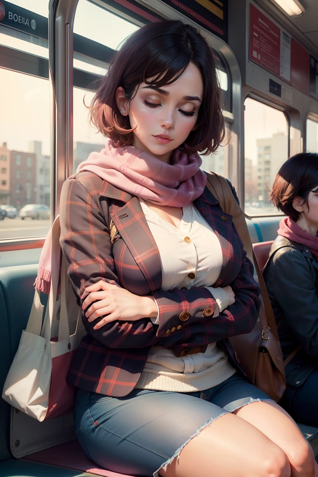 1 beautiful woman, adult, large body, short hair, outlined eyelids, made-up eyelids, made-up face, pink checkered jacket, neckline, red scarf, blue jeans, brown handbag, sleeping sitting on the bus, mouth open, arms crossed, eyes closed.
