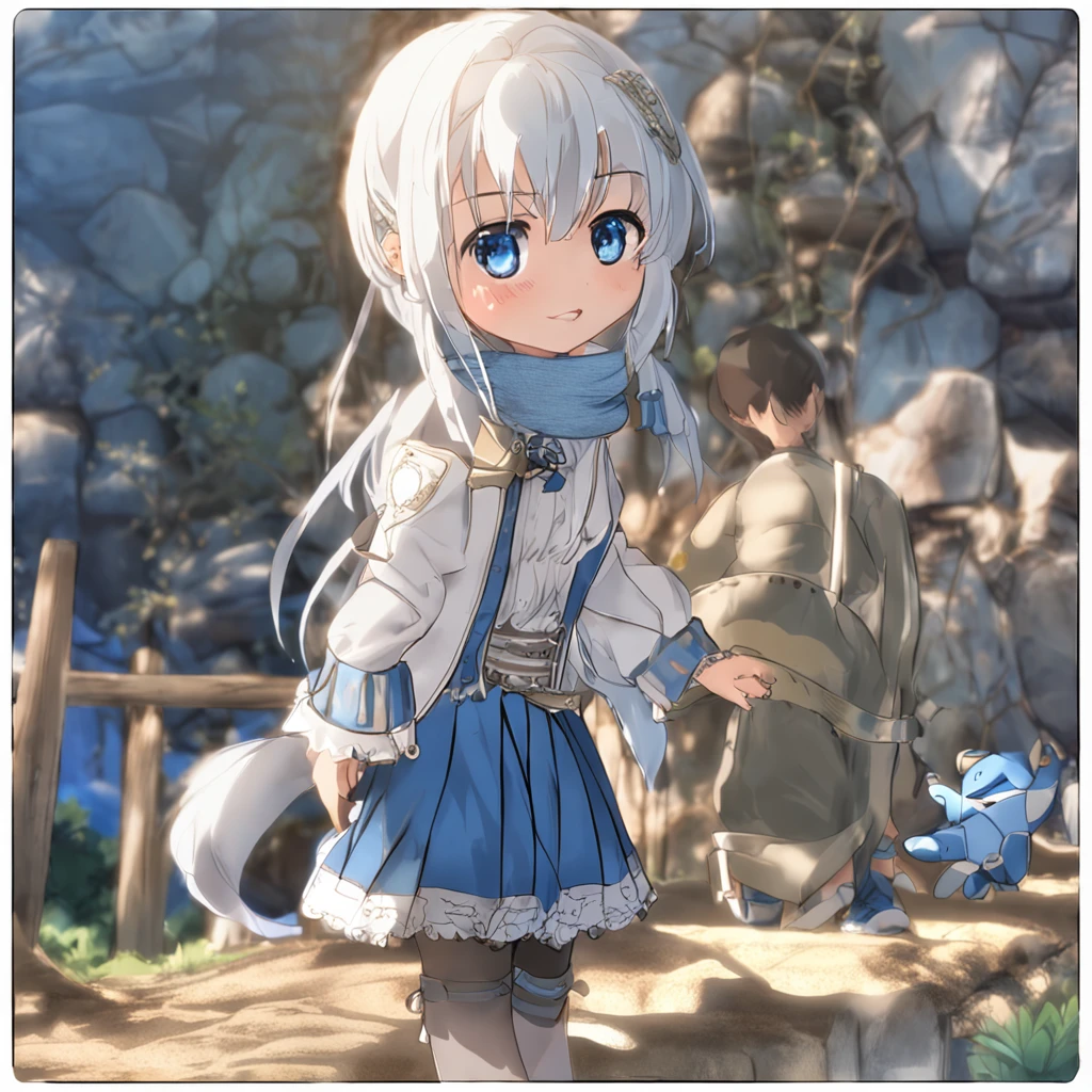 top quality, very delicate and beautiful, girl, , (dark brown hair), blue clothes with vertical buttons, belt at the waist, white skirt, (ponytail)), (white hair band), (brown boots), blue eyes, standing, smile,