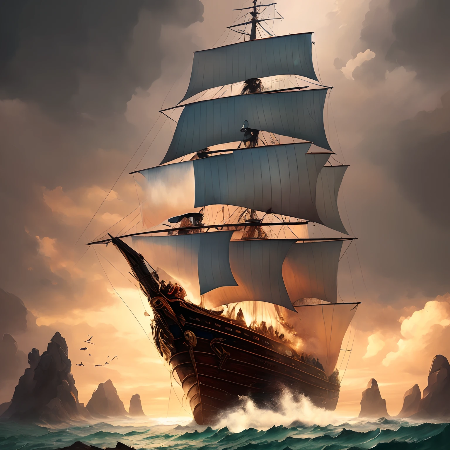 Pirate ship in middle of bad weather , detailed oil painting, unreal 5 render, rhads, sargent and leyendecker, savrasov levitan polenov, bruce pennington, studio ghibli, tim hildebrandt, digital art, landscape painting, octane render, beautiful composition, trending on artstation, award winning photograph, masterpiece, seekart style, (dreamlikeart:1.2). mdjrny-v4 style