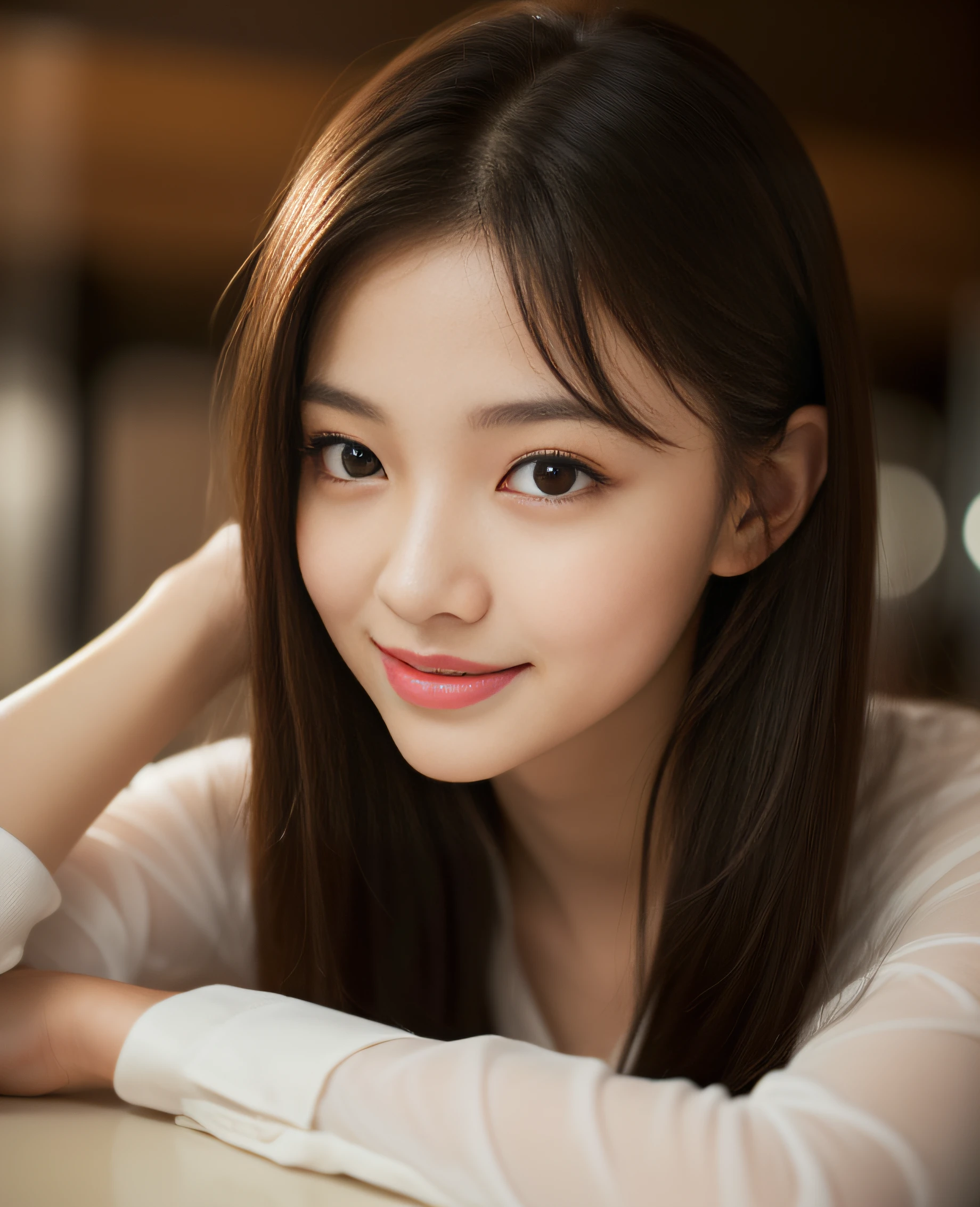 ((best quality, 8K, masterpiece: 1.3)), beautiful girl, pure, melon face, kind and cute, sweet smile, pure desire, slender body, (front), (tilted head), ((looking at camera) ), wearing a dark yellow suit, black silky medium hair, long flowing shoulders, round black big eyes, clear big eyes, moist red lips, sweet, sitting in a cafe, cafe background , (((whole body))),