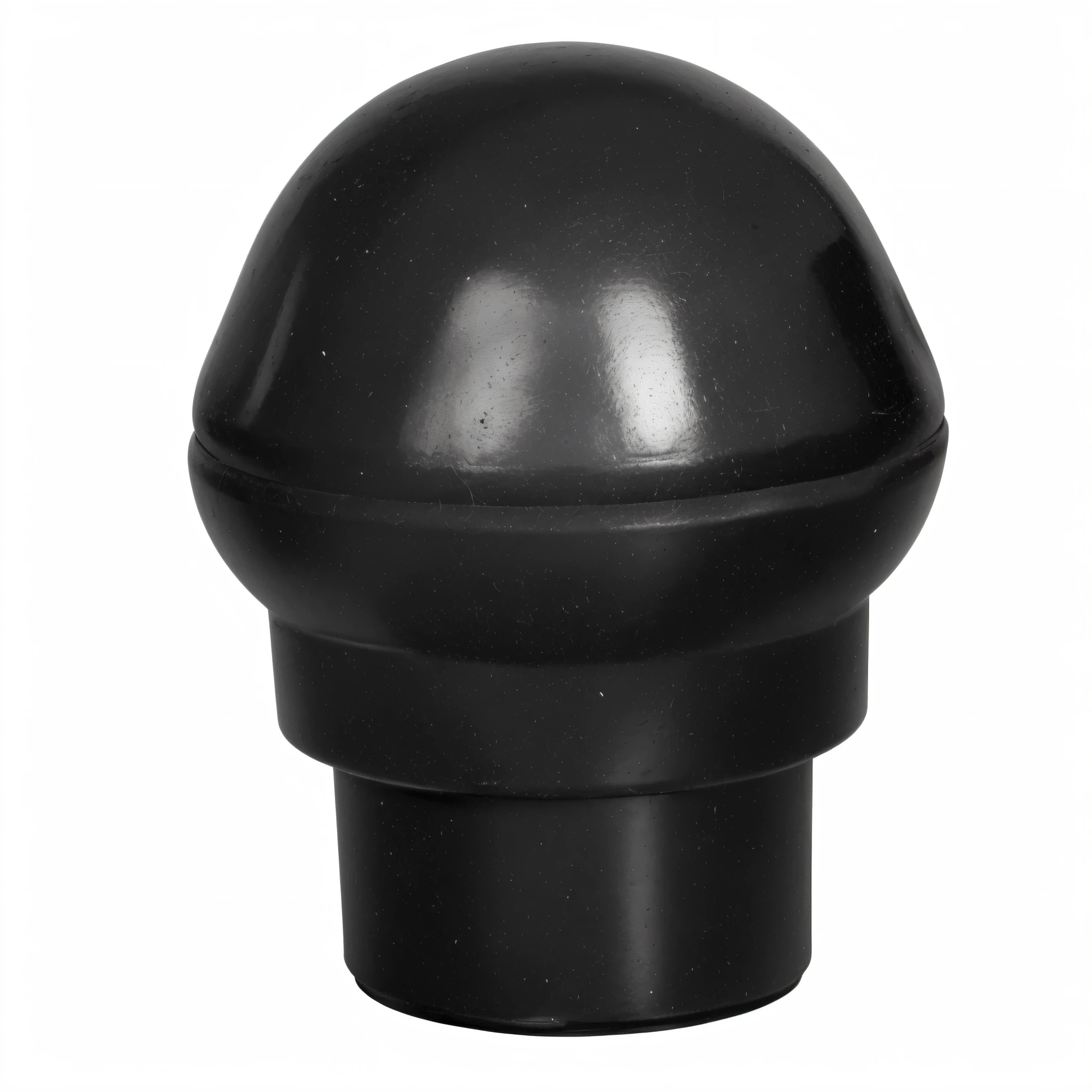 Close up of black plastic mushroom shaped object on white background, Spherical accordion case, rubbery, rubbery, Round narrow chin, mushroom cap, List image, round form, spherical, black plastic, bulbous, Watch Rob, 90mm, 9 0 mm, vat, round portruding chin, Smooth oval head, made of rubber