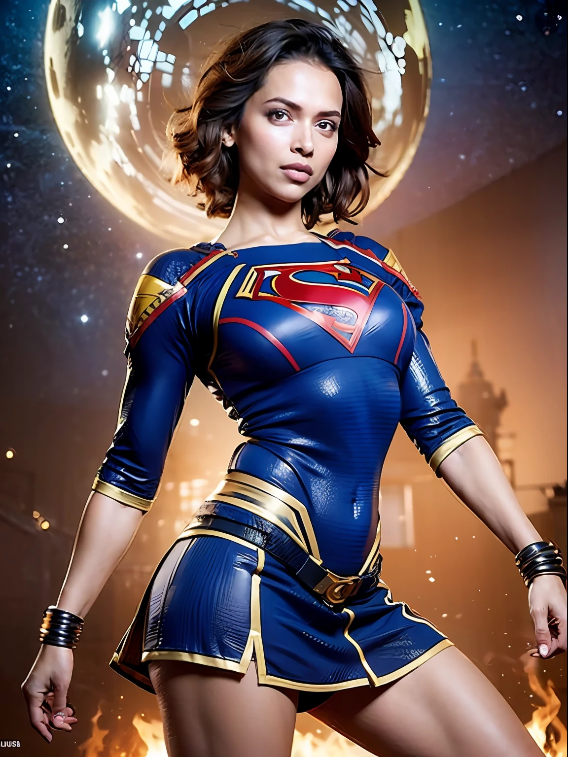 Wide angle, A Long Shot, (corpo inteiro, dynamic pose:1.4), Front view, uma foto de uma menina short hair brunet,Supergirl_traje,
musculosa, peito grande, bareshoulders, cintura fina, Electric_calcinha de cor azul, wide pelvic, coxa,Salto alto,
(galaxy:1.2) Background, burning, Meia-noite_cor azul, (pele realista_Detalhes, sharp fokus, olho_foco, Masterpiece,melhor qualidade,finamente detalhado,extremamente detalhado, Detalhe realista,claro_imagem, Realistic, High_resolution,diferente_imagem:1.2)