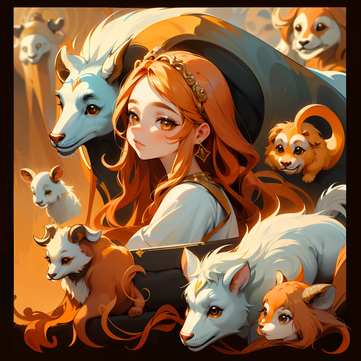 adesivo, fundo simples, portrait, 1 girl, girl with long hair, beautiful aries girl, aries aesthetic, beautiful girl, very beautiful fantasy art, beautiful and elegant female aries, beautiful detailed fantasy, light orange and yellow color palate, orange color-theme