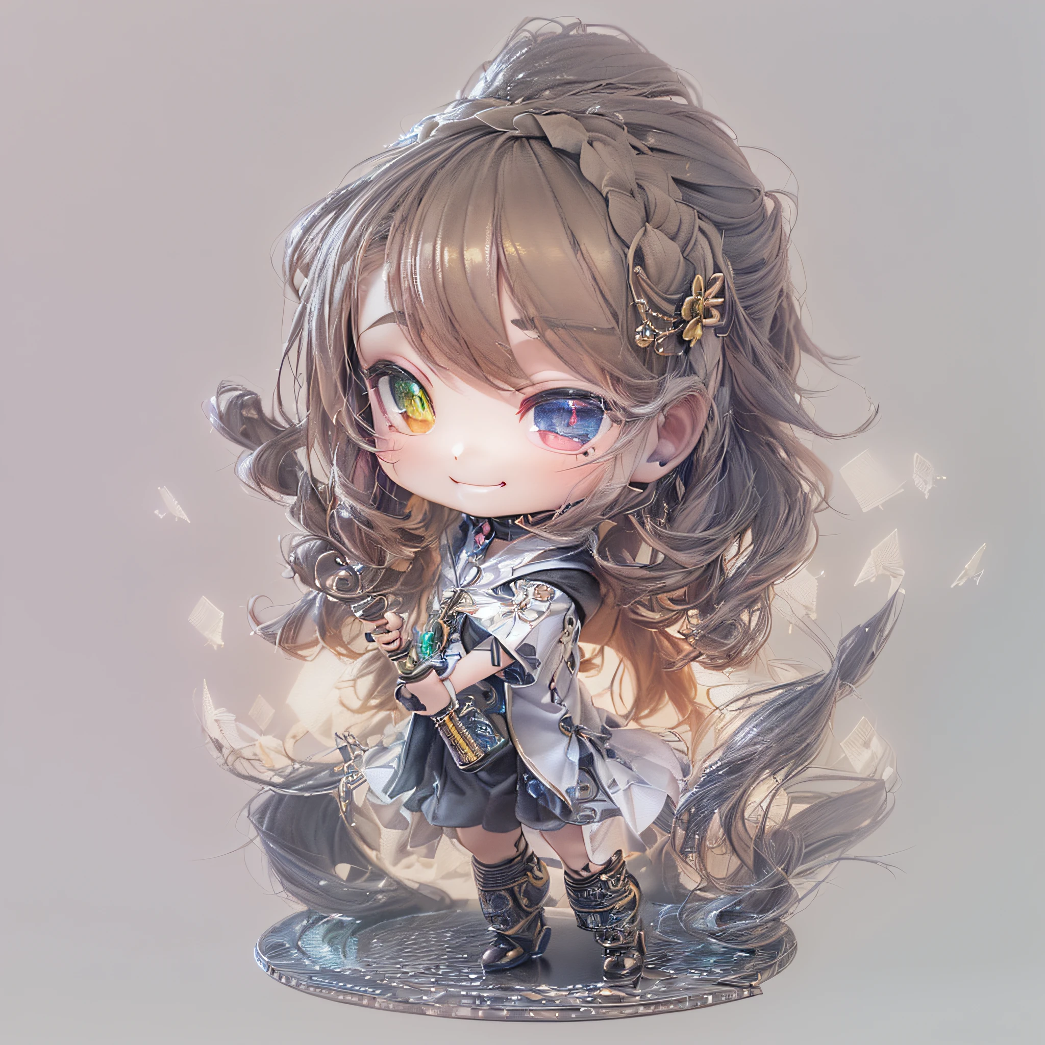 (Chibi:1.5)((masutepiece, of the highest quality, Watercolor art (Pendants), Beautiful and aesthetic: 1.2)), (Golden ratio: 1.2), (Full body: 1.2), (Super Detail: 1.3), (1 persons:1.5)、(1 girl: 1.3), (Fractal Art: 1.3), (Glitter Pupil)),(Brown hair: 1.2)),  (Heterochromia), (Colorful: 1.5), (((Shy face)),  (full body Esbian), (Hyper-detailing), ((delicate detail)), (intricate-detail), ((Cinematic Light, Highest quality backlight)), High contrast, ((The best lighting, Very delicate and beautiful)), (( Cinematic Light)), (ray trace reflection, Glow), (((glowing aura)), ((Glowing hair)), ((Super Detail)), (8K)), ((a closeup)),  ((Seductive smile)) ,((FULL BODYSHOT))、(Chibi:1.5)、(3D Rendering:1.5, Plastic Texture:1.5, Chibi deformation:1.5, Full body, Front view:1.5),（Cane in hand:1.5、black robes:1.5,Braids:1.5)