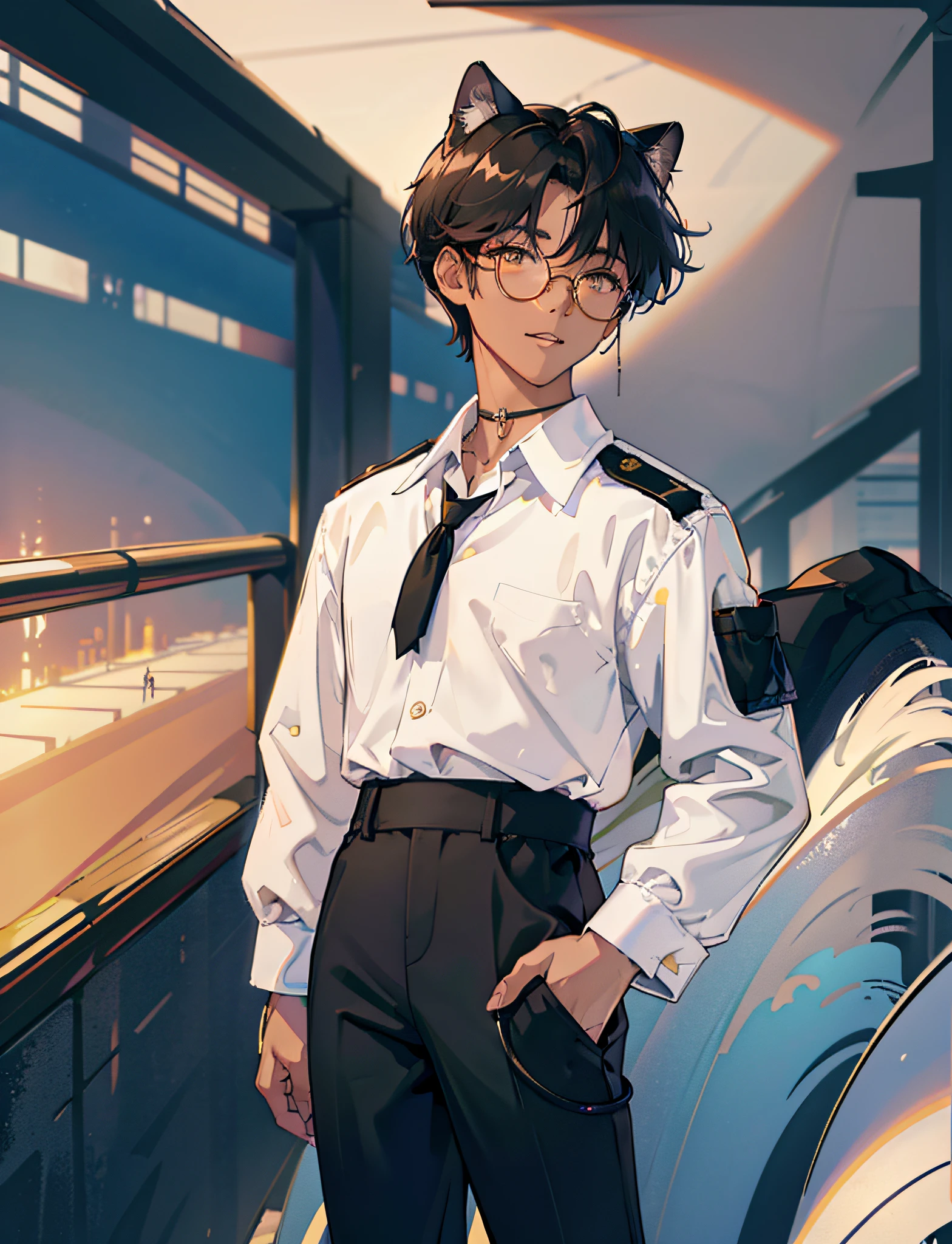 Sunset and sunset, Full body photo,the background is the cloudy sky airport runway, Ultra-high definition,1guy,1girl, short black bob hair, yellow eyes, Round glasses, tan skin,dark skin ,DARK BROWN SKIN, HE HAS BROWN SKIN, petite body, wearing plain white formal work shirt, wearing long black pants, business tie, absurdres, high res, ultrasharp, 8k, masterpiece, FOCUSED on something else, cat ears, airline pilot uniform, airline pilot hat, white background, short sleeve, bangs, flat chest, whiskers, he has cat ears on her head, he has cat teeth, cloudy background, holding pet black cat, smiling, large round glasses, no airplanes, airplane cabin background, wearing a choker on neck, collar on her neck, F-18 cockpit