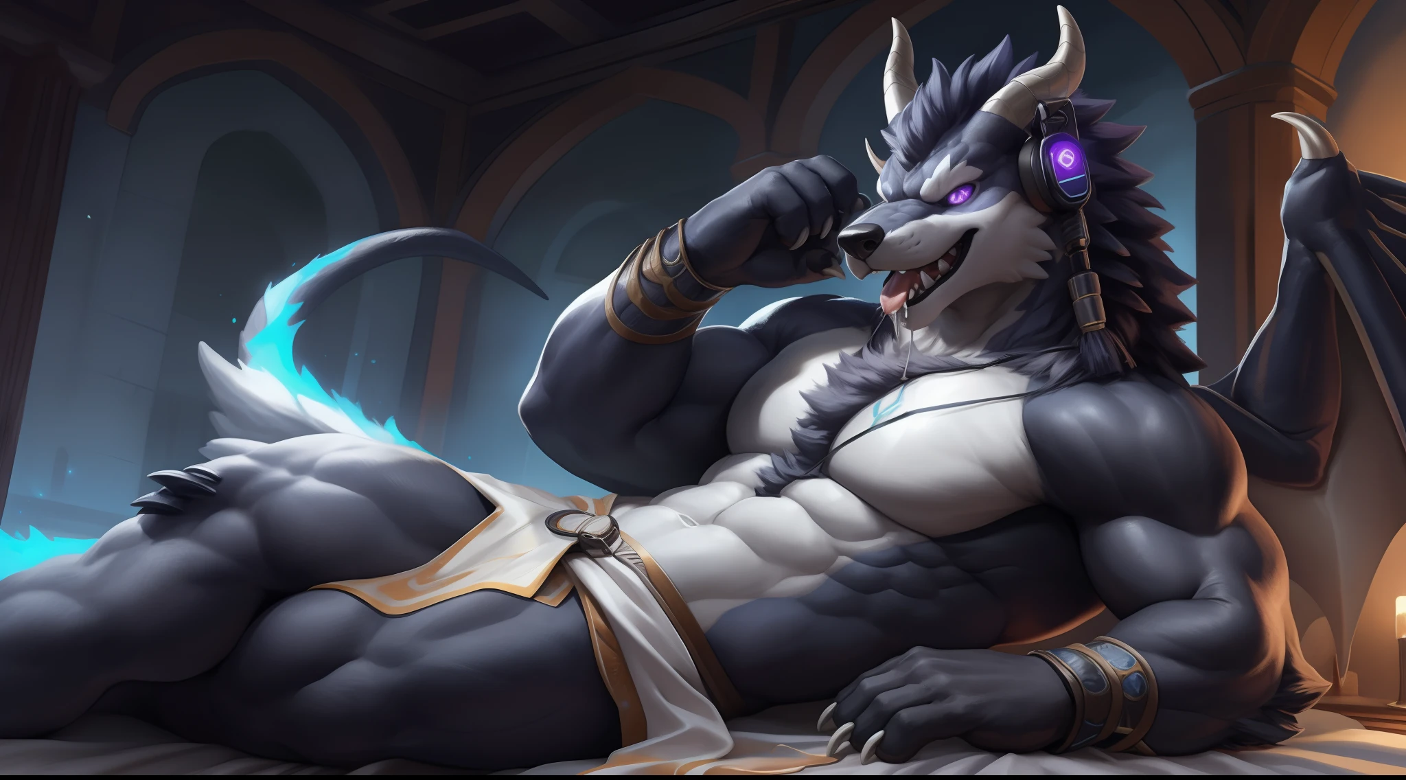 Solo, Male, (Muscular), sacrifices, (male anthro wolf):1.3, White flesh，nakeness，divinity，Wear white ear headphones，loincloth,Evil God (Kamimei):1.3, (komono:1.4) (DOA):1.23, Detailed eyes, lizard tail,A pair of dragon horns, A pair of dragon wings，Slim stature，((Full body like)), (Detailed eyes, Purple eye，The skin of the abdomen is whitish，Black skin，Sharp claws，Cute beast claws，glowing light eyes):1.1, (exteriors:1.35), inside in room，nigth，Medieval style bedroom，Bright white light，Lie down in bed，A lot of drooling，Stick out her tongue，Fluid spills from the lower body，Milk spilled all over the floor，Arrogant，unholy，Handsome（Particle，blue glowing）：1.3，detailedbackground，realisticlying，realistic hand，8k hdr，（，Wide dynamic range，hdr，low-light：1.2），author（pino daeni，（author：by ruaidri），author：virtyalfobo）