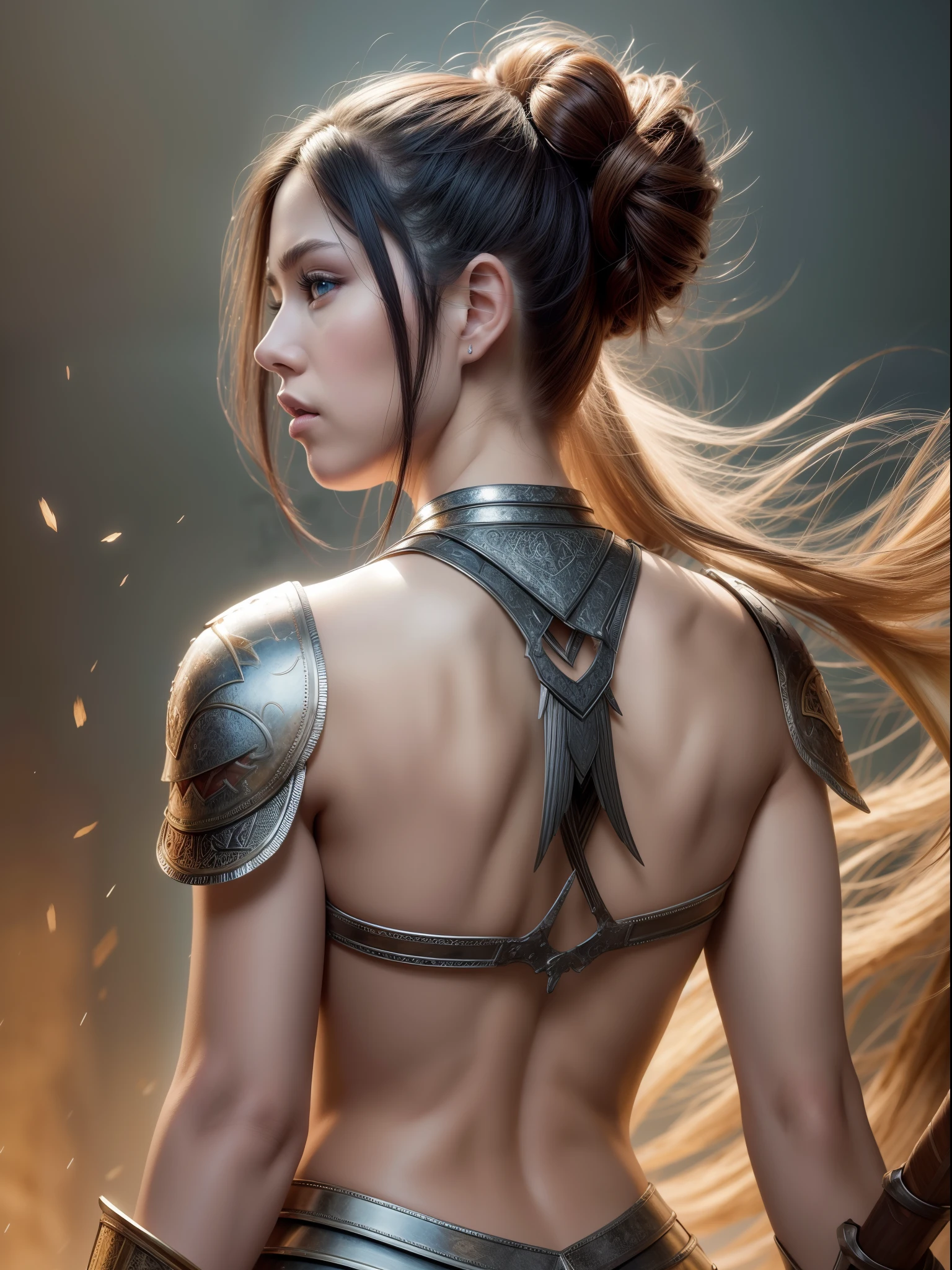 Split abs, (masutepiece, 4K resolution, Ultra-realistic, Very detailed)] # illustrate: The Prompt mainly describes a 4k painting of ultra-high definition, Very realistic, Very detailed, Fantasy Art Style, Amazon, Ancient Greek female warrior in armor with her back turned, sword in hands, battle field.