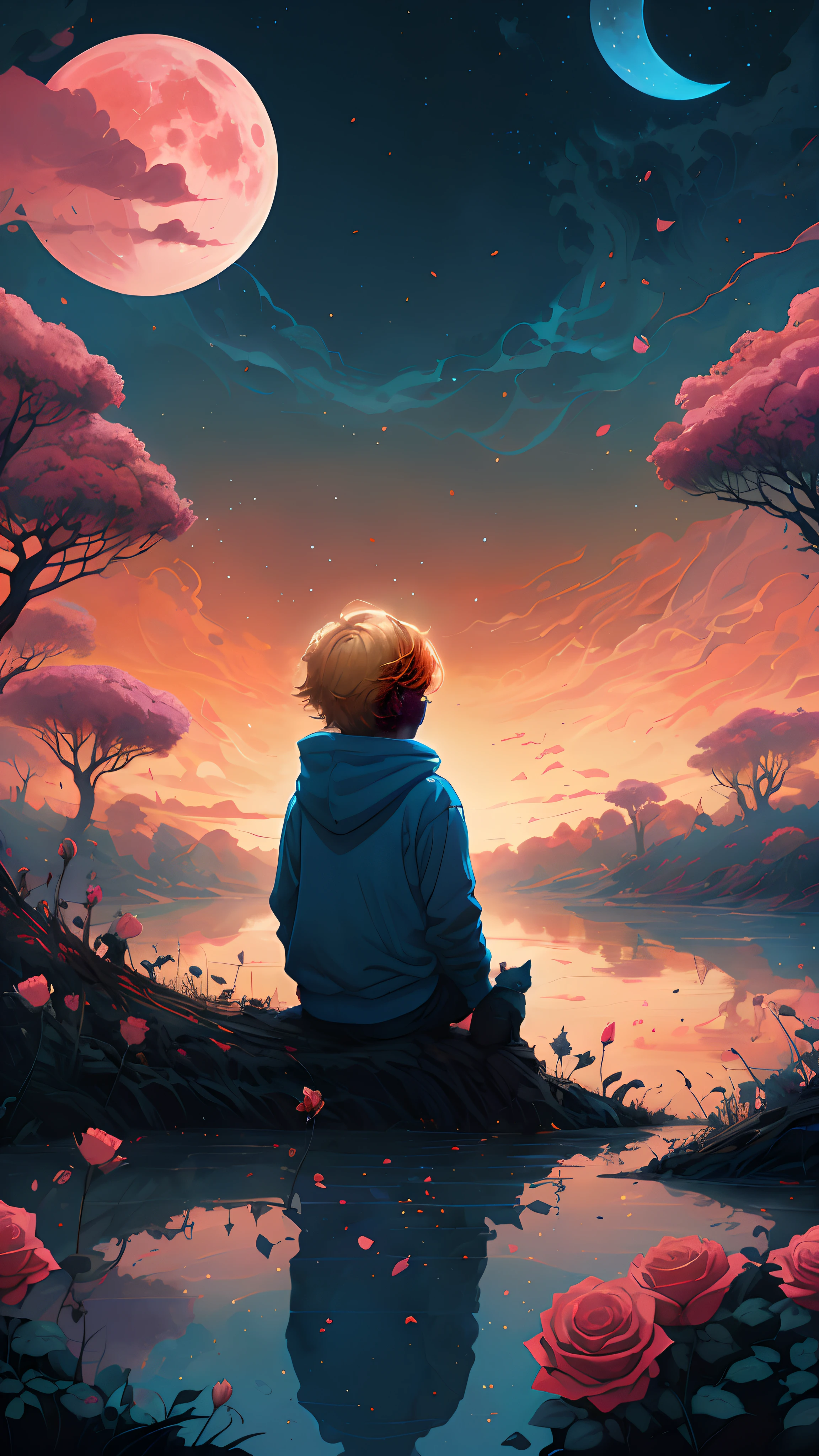 there is a boy sitting on a rock with a fox and looking at the moon, inspired by Cyril Rolando, cyril rolando and goro fujita, in style of cyril rolando, beeple and jeremiah ketner, beautiful art uhd 4 k, by Cyril Rolando, dreamlike digital painting, cyril rolando and m.w kaluta