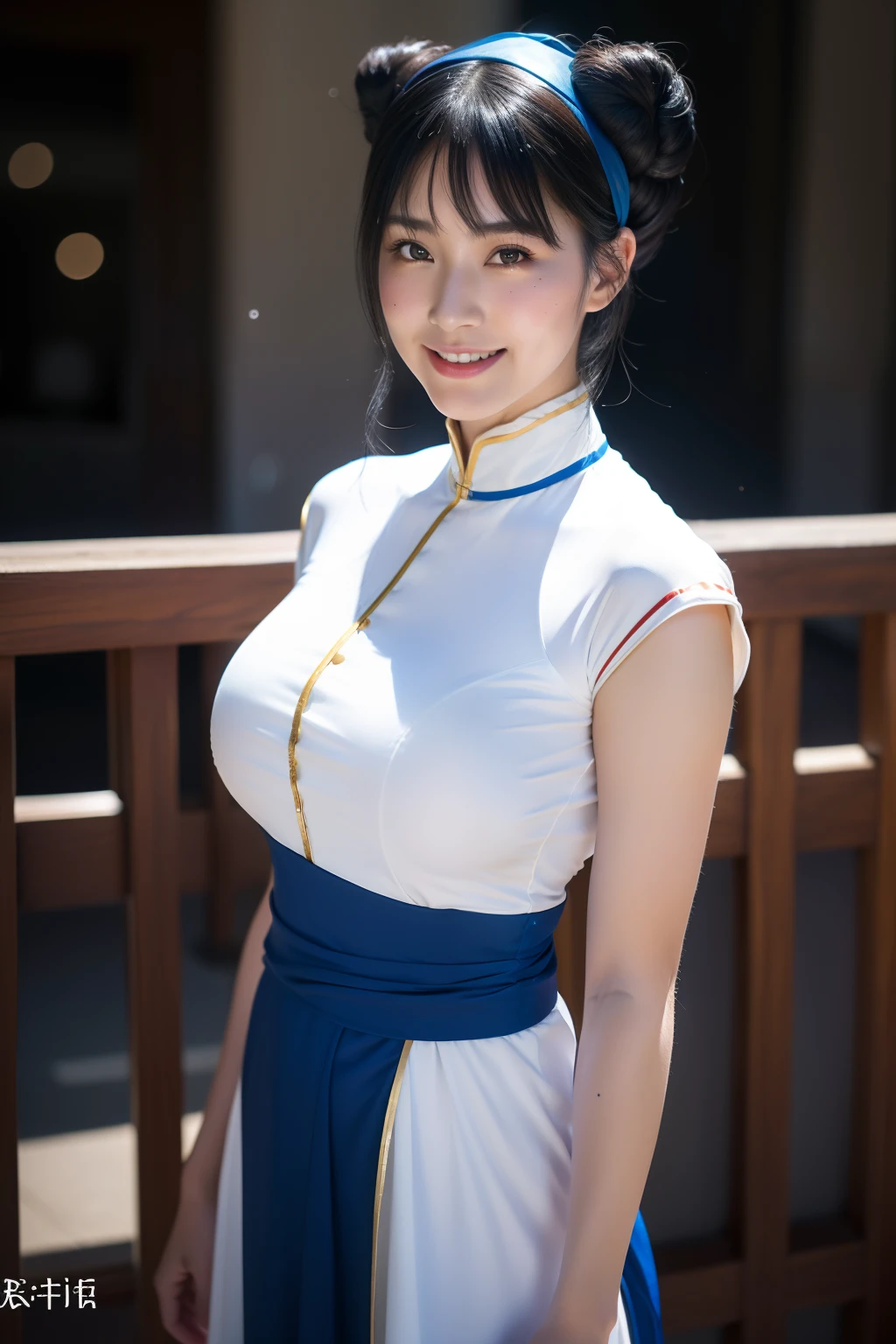 Chun-Li's red belt decoration,Street Fighters 2: Chun-Li Chariot Cosplay,Street Fighter Chun-Li Costume,Chun-Li headdress,(bun hair,curly,Black hair),medium shot,Smile,happy face,big round breasts,(Cover-),Slender body type, Skin glowing with sweat,(moles,Pores),realisitic,Photorealistic:1.37, masutepiece, Best Quality,NFFSW (english) (english) (english) (english) (english) (english) (english) (english) (english),ultra detail skin,With a delicate face,Excellent detail eye,Beautiful and delicate,detailed outfit,high res photo,Professional Light,Cinematic lighting