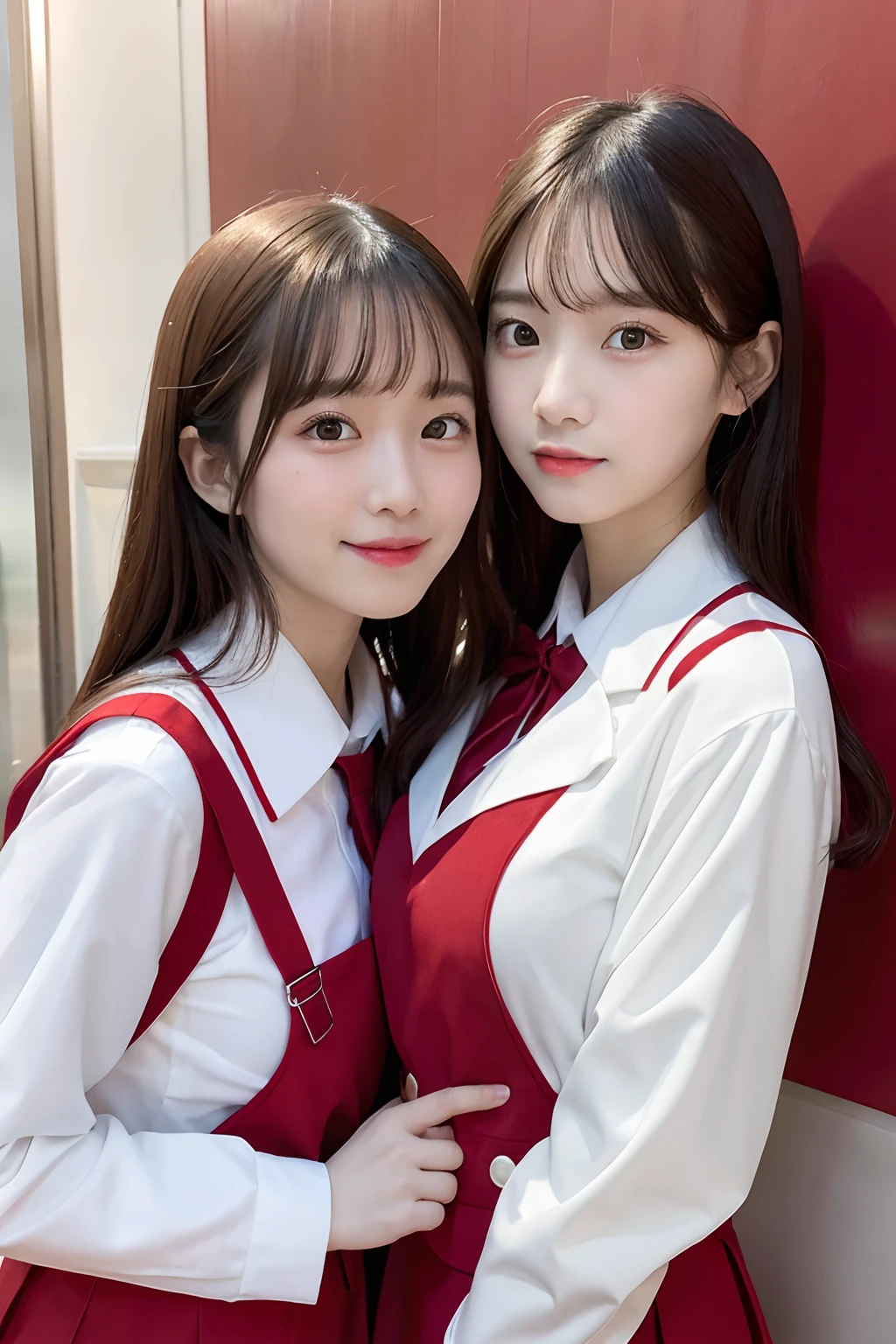 Two women in school uniforms pose for a group photo in front of the red wall, red velvet, inspired by Yanjun Cheng, JK school uniform, jaeyeon nam, wearing white clothes, Two Japanese female students pose for a group photo, with a twin, Bigchest, white red, beautiful gemini twins portrait, in school uniform, seifuku, Official artwork, Red Uniform, White uniform