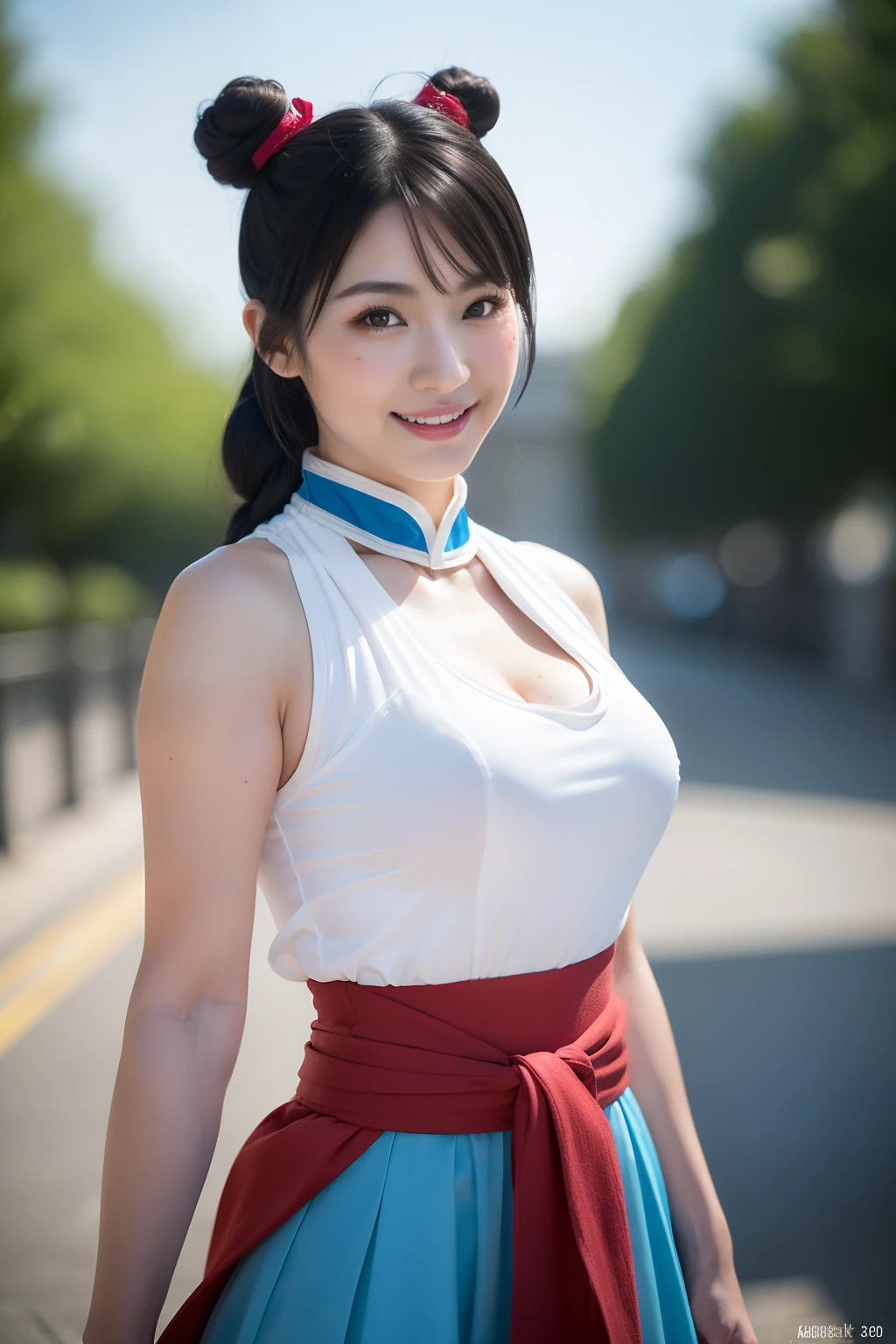Chun-Li's red belt decoration,Street Fighters 2: Chun-Li Chariot Cosplay,Street Fighter Chun-Li Costume,Chun-Li headdress,(bun hair,curly,Black hair),medium shot,Smile,happy face,big round breasts,(Cover-),Slender body type, Skin glowing with sweat,(moles,Pores),realisitic,Photorealistic:1.37, masutepiece, Best Quality,NFFSW (english) (english) (english) (english) (english) (english) (english) (english),ultra detail skin,With a delicate face,Excellent detail eye,Beautiful and delicate,detailed outfit,high res photo,Professional Light,Cinematic lighting