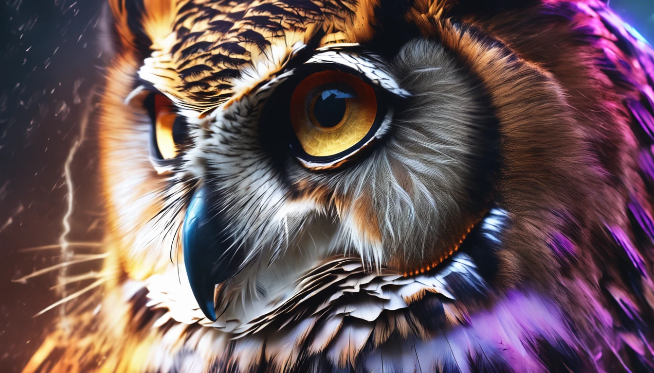 Owl-cat, Depth of field, Realistic, ultra realistis, Cyber realistic, hyper realistic, Black background, Contour illumination