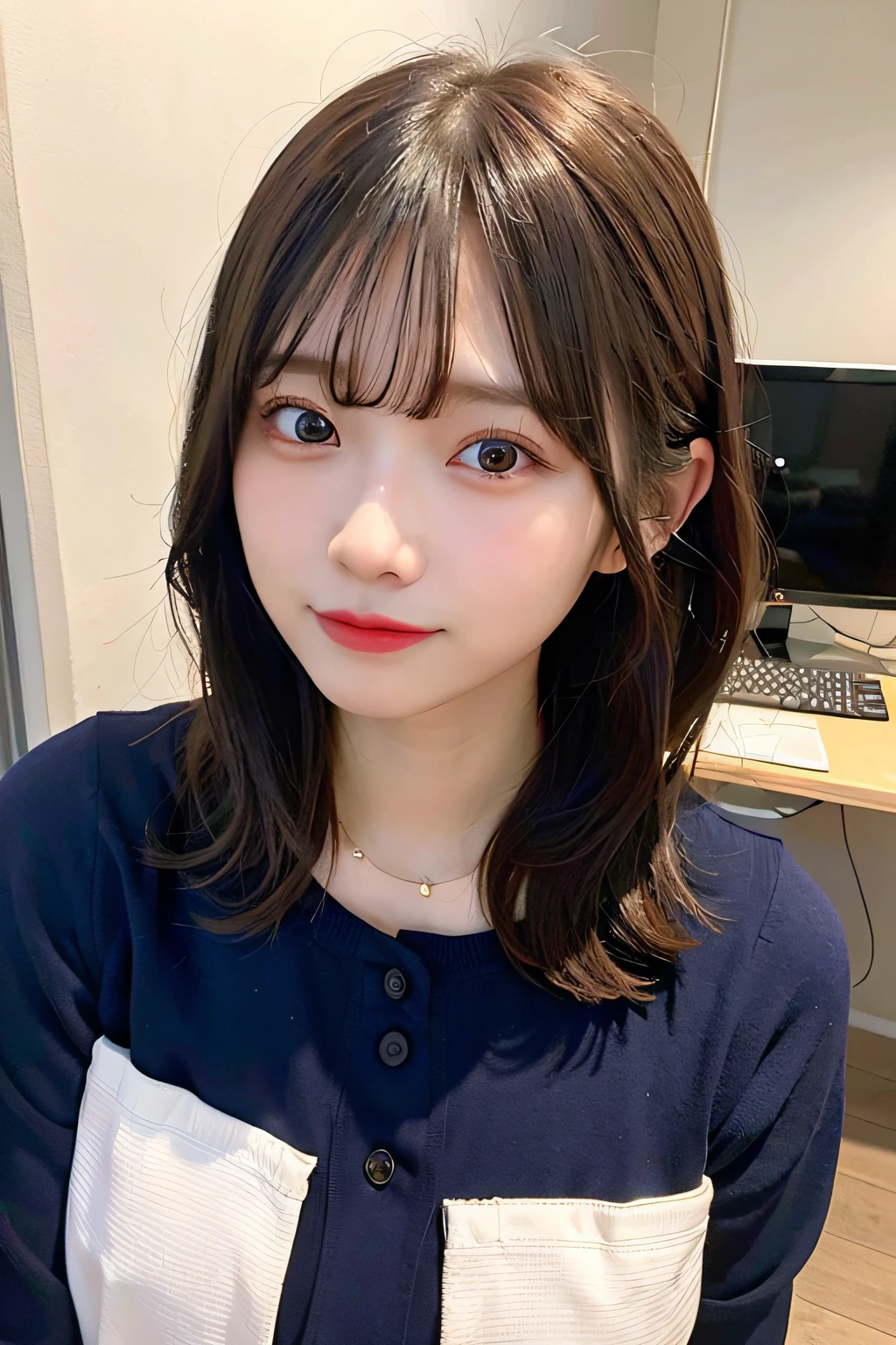 (8K, Raw foto, Top Quality, Masterpiece: 1.2), (realisitic, photoreal: 1.37), Adult Female 1,office, daytime, Desk, computers, upper half body, Double-eye, upper eyes, Nasal muscles, bob hair, Long straight hair, Big, suit, JINS, Fair skin, Pink lips, Smile, Delicate, (Slightly open mouth:1.5)