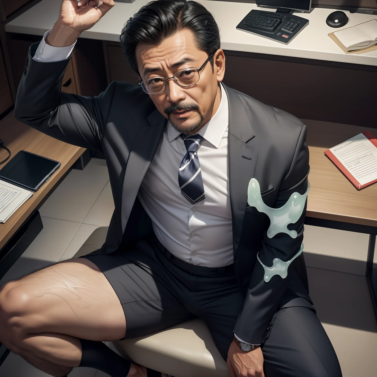 age 55,Kogoro Mouri,uncle,Tong,Bulge,Sitting in the office,Black short stockings,Slip shoes,lbeard,fortitude,Bukkake,k hd,artwork of a,an look of enjoyment,is shy,opening legs,wear suit,The crotch has columnar protrusions,God perspective,Take off your pants,There is milk on the pants,Top view , expression of ecstasy/orgasmc(Milky White translucent goo on stomach and chest)