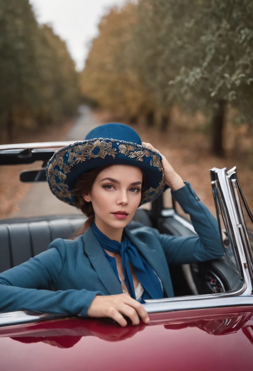 35mm portrait A beautiful woman with a hat on her head and a scarf around her neck driving a blue Beetle convertible, convertible car, Movie city and some trees with pink leaves, lighting dramatic, Ultra resolution, reflections on the ground and overcast sky, detalhamento intrincado, hiper-realista, Cinematic photorealistic, 4k