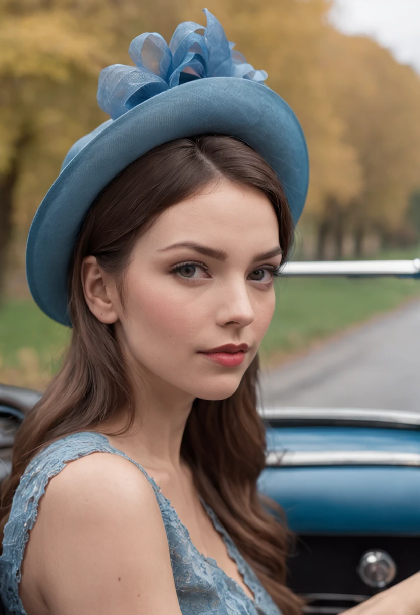 35mm portrait A beautiful woman with a hat on her head and a scarf around her neck driving a blue Beetle convertible, convertible car, Movie city and some trees with pink leaves, lighting dramatic, Ultra resolution, reflections on the ground and overcast sky, detalhamento intrincado, hiper-realista, Cinematic photorealistic, 4k