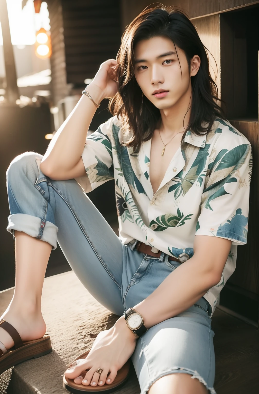 Sexy casual style portrait of 20 year old Japan man、For spring-summer。Wearing an Aloha shirt、Diesel Slim Fit Jeans、Wearing leather sandals。which are full of confidence、Fascinating。Sexy hairstyles、Wavy texture hair、appearance of medium length,,、With light hold、His relaxed、Reflects an attractive personality。