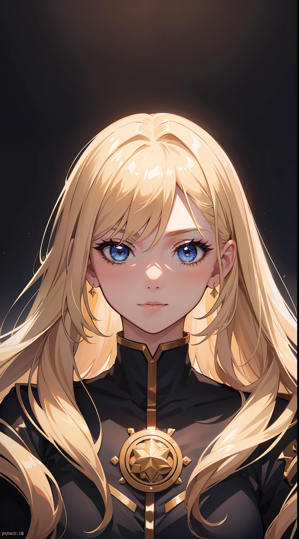 8k, highres, ultra detailed, (masterpiece:1.4), (portrait:1.4), best quality, symmetrical body, a beautiful 18 year old girl, cute, solo, long hair, blonde hair, blue eyes, glow effect, finely eye, detailed face, looking at viewer, smilling at viewer, dark background