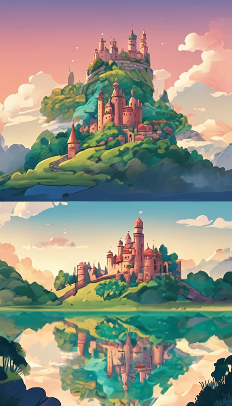 ghibli style, castle on a hill, cloudy blue sky, 4K wallpaper, merchants traveling on pathway.