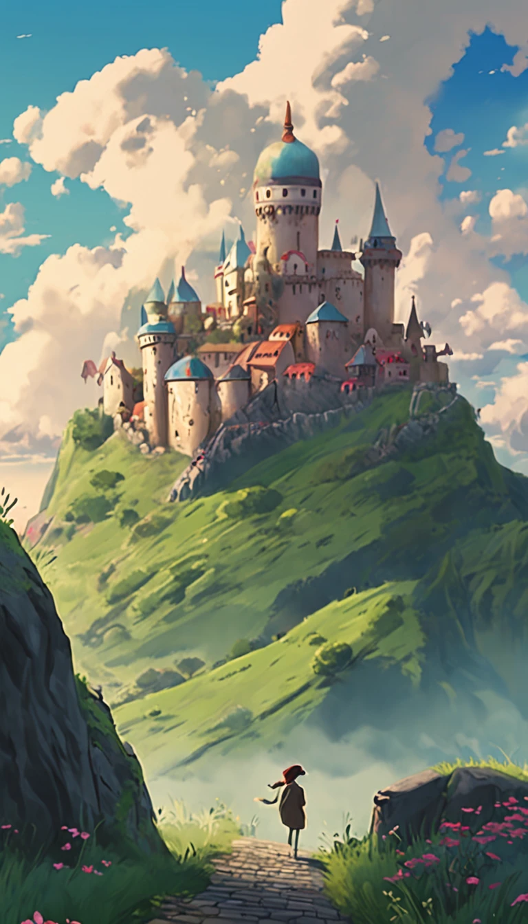 ghibli style, castle on a hill, cloudy blue sky, 4K wallpaper, merchants traveling on pathway.