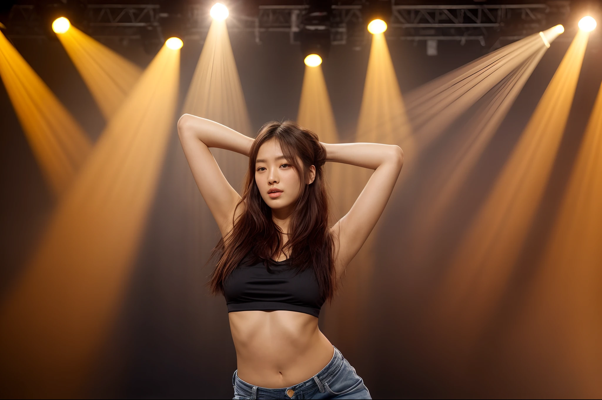 arafed woman with black top and blue jeans sitting on a white surface, roseanne park of blackpink, korean women's fashion model, transparent background, portrait of jossi of blackpink, jossi of blackpink, leaked image, jackie tsai style, blackpink jennie, portrait of female korean idol, sun yunjoo, of taiwanese girl with tattoos, casual pose, jisoo from blackpink, A rectangular stage with a height of 60cm, a length of 3000cm, and a width of 1000cm, a large LED curved screen with a height of 600cm and a length of 20cm, the background of the stage and the whole audience with LED dyed lights and spotlights, and 100 sofa chairs under the stage ,show full of stage lighting & stage design