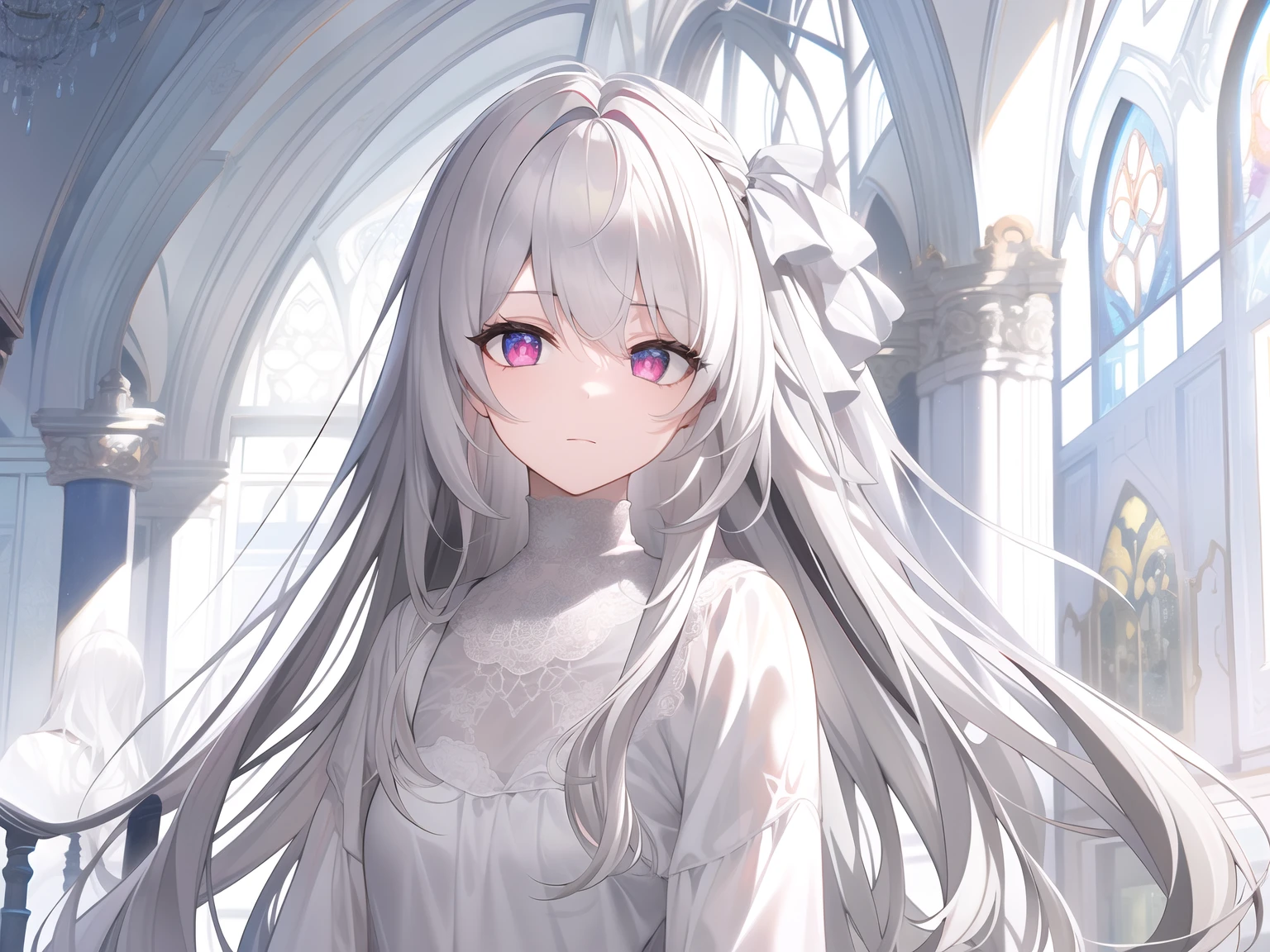 ((Masterpiece, Best quality))++, Detailed light+, Detail hair+, detail hand+ ,1girll, woman, Long hair, Crimson eyes, Beautiful eyes, Young gray hair,,(Beautiful white hair:1.5),(Beautiful detailed eyes), high resolution+, blacksilk , a black skirt, Glass tones, Reflective eyes, {{Angle}} , extremelydetailedwallpaper, Original, ,