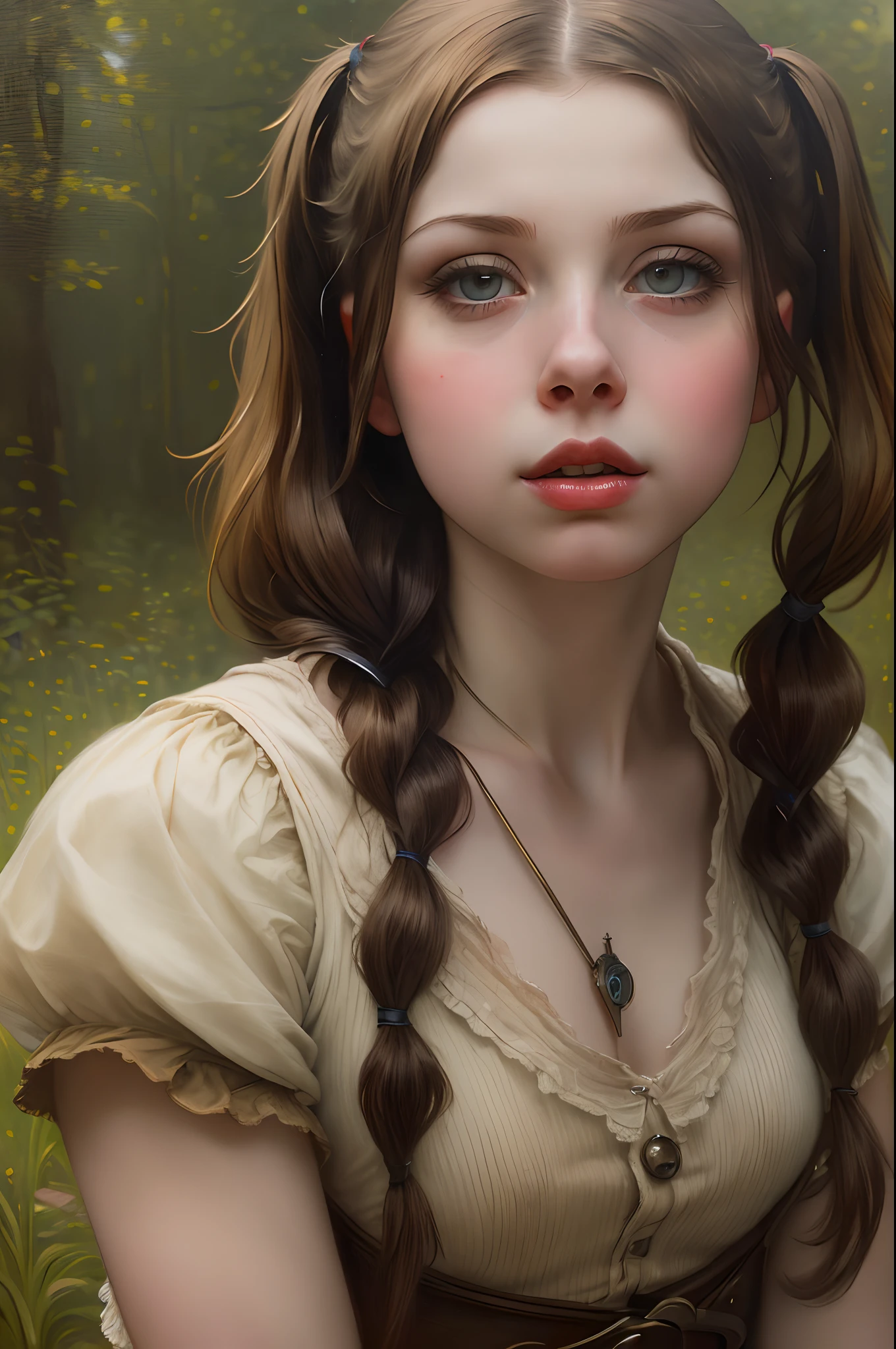 ((beste-Qualit)), Portrait of a sweet emotional young Michelle Trachtenberg, pigtails ,((style of: ismail_Russell_Flint)), ((tmasterpiece)), ((Realistic)), Complicated details, aesthetics, excitement, Intricate, Extremely detailed, RAW-16 бит, 8K