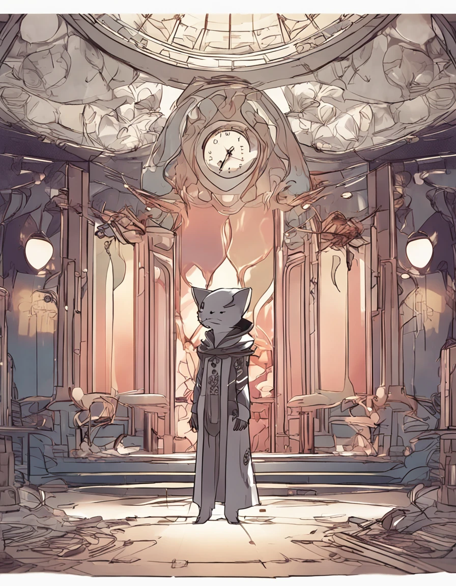 Anime scene of a cat in a cape standing in front of a clock, dreamy psychedelic anime, in style of cytus and deemo, videogame screenshot, screenshot from guro anime, animation still screencap, video game screenshot, cutscene footage, screenshot from the anime film, game screenshot, cinematics, game screenshot, still from tv anime