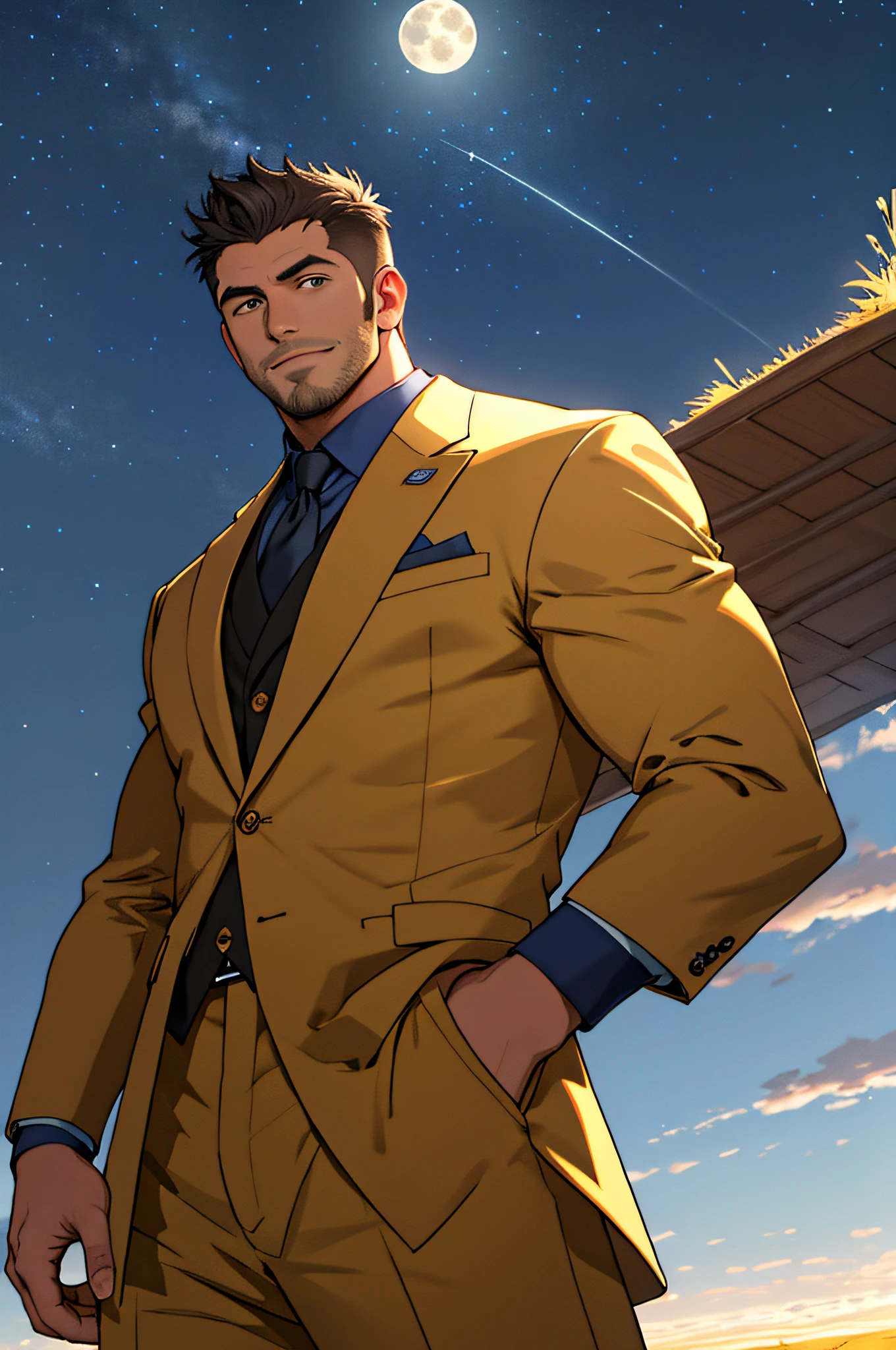 Draw a full-fledged footballer,Standing on the steppe at night,Quiet and comfortable background,He wears the same suit as the country's president,The suit fits perfectly,rays of sunshine,cheerful big breasts,Handsome,eyes with brightness,The man looks confident and determined,looking-down,Crew cut,full bodyesbian,Stars dot the sky,shooting from below,Big moon highlights background