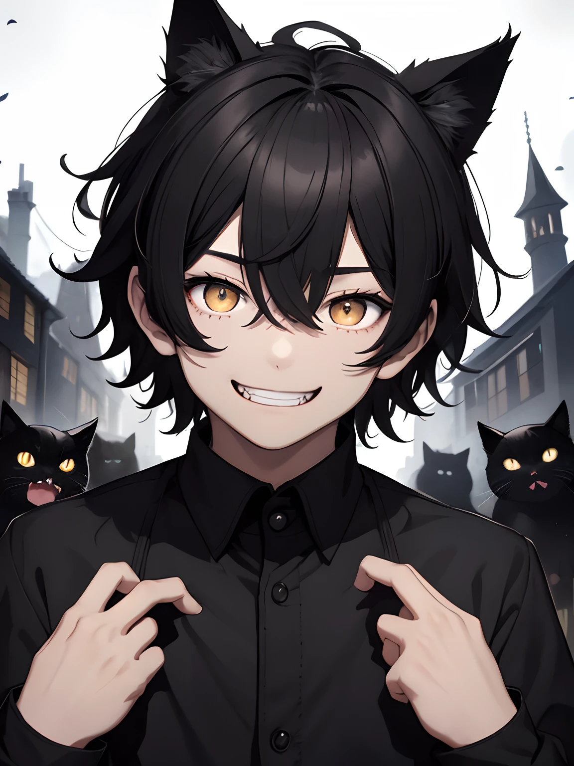1 boy, black hair, white eyes, no pupils, black cat ears, cat whiskers in face, manic smile, an army of black cats at the side, a dark and dusky village in the background