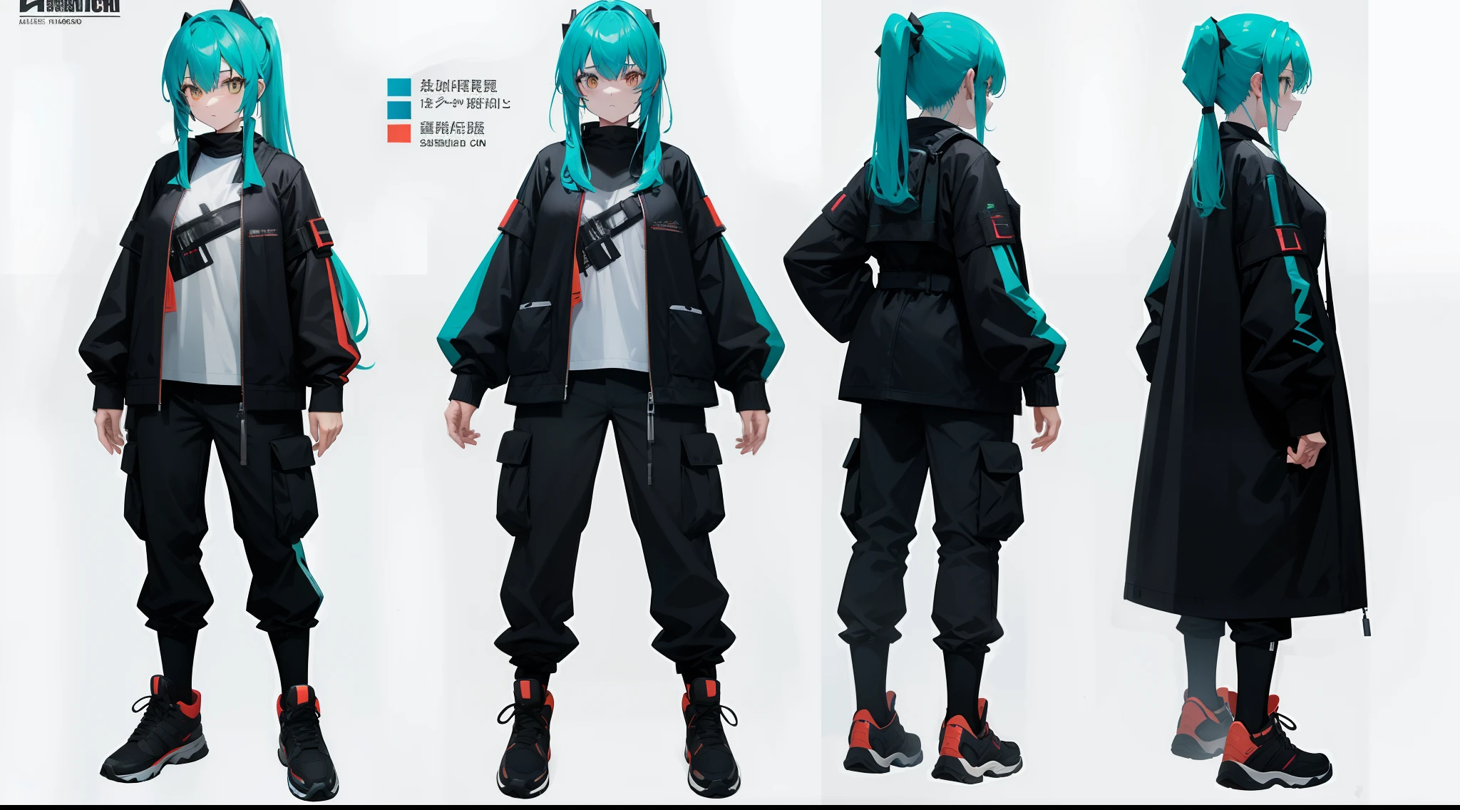 character sheet, 1 girl, long teal hair, 2 ponytails, white eyes, wearing salmon techwear shirt, black techwear jacket, black techwear cargo pants, boots, absurdres, high res, ultrasharp, 8K, masterpiece, looking at the viever