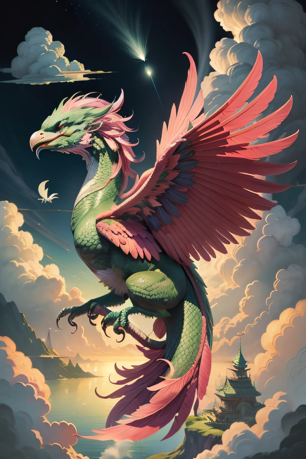 Green Dragon，Island, Cloud, Rainbow, sky, bird， pink wings