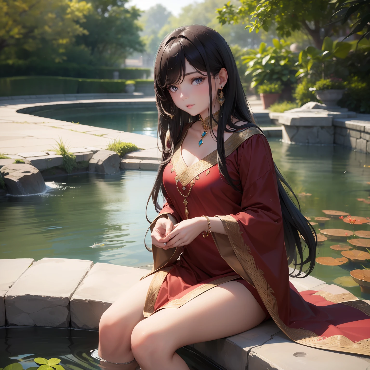 masterpiece, highly detailed, best quality, 1girl, solo, Luna, black hair, loose low tied hair, red eyes, distracted 