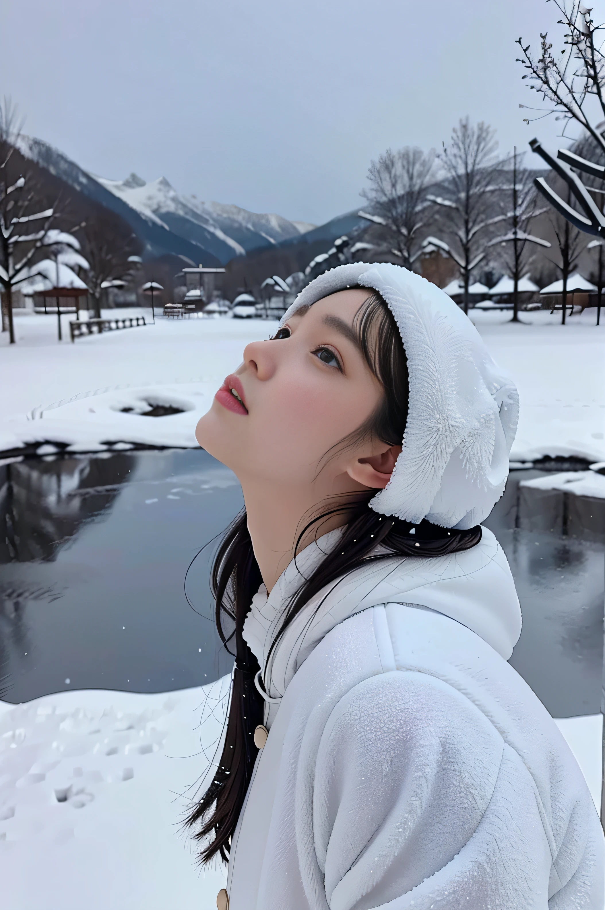 Beautiful girl looking up at snowy sky、Raise your hand to the sky、White breath
