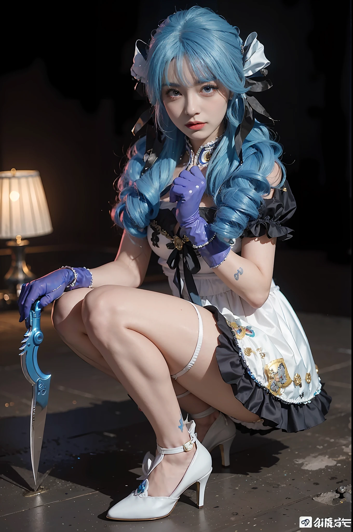 arafed woman with blue hair and blue wig holding a knife, ornate cosplay, anime girl cosplay, elegant glamourous cosplay, rococo cyberpunk, glamourous cosplay, anime cosplay, anime character; full body art, cosplay, # rococo, the anime girl is crouching, cosplay photo, 8k)), anime goddess, professional cosplay