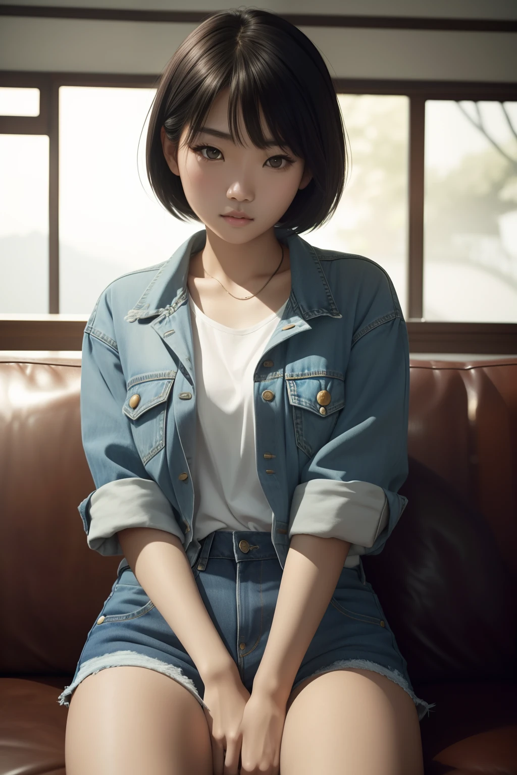 top-quality, 超A high resolution, (photographrealistic:1.0), 1人の女性, Half Korean and half Filipino, Denim shorts, A dark-haired, short-hair, Beautie, kawaii, Cinematic, 35mm lens, sitting in the couch