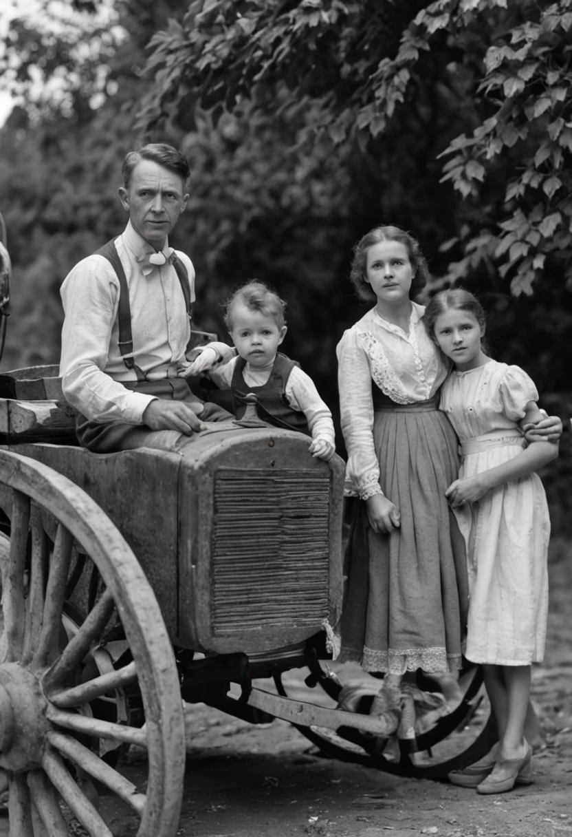 Create a black and white photo of a wagon with a family, fotografia antiga em preto e branco, foto de estilo antigo, Photographic photography, Fotografia da era WW2, uma foto velha e branca, foto antiga realista, foto vintage preto e branco, unknown location, fotorrealista, super alta qualidade, Super Detalhe, ultra-accurate description of hands, master part, 8k, HDR