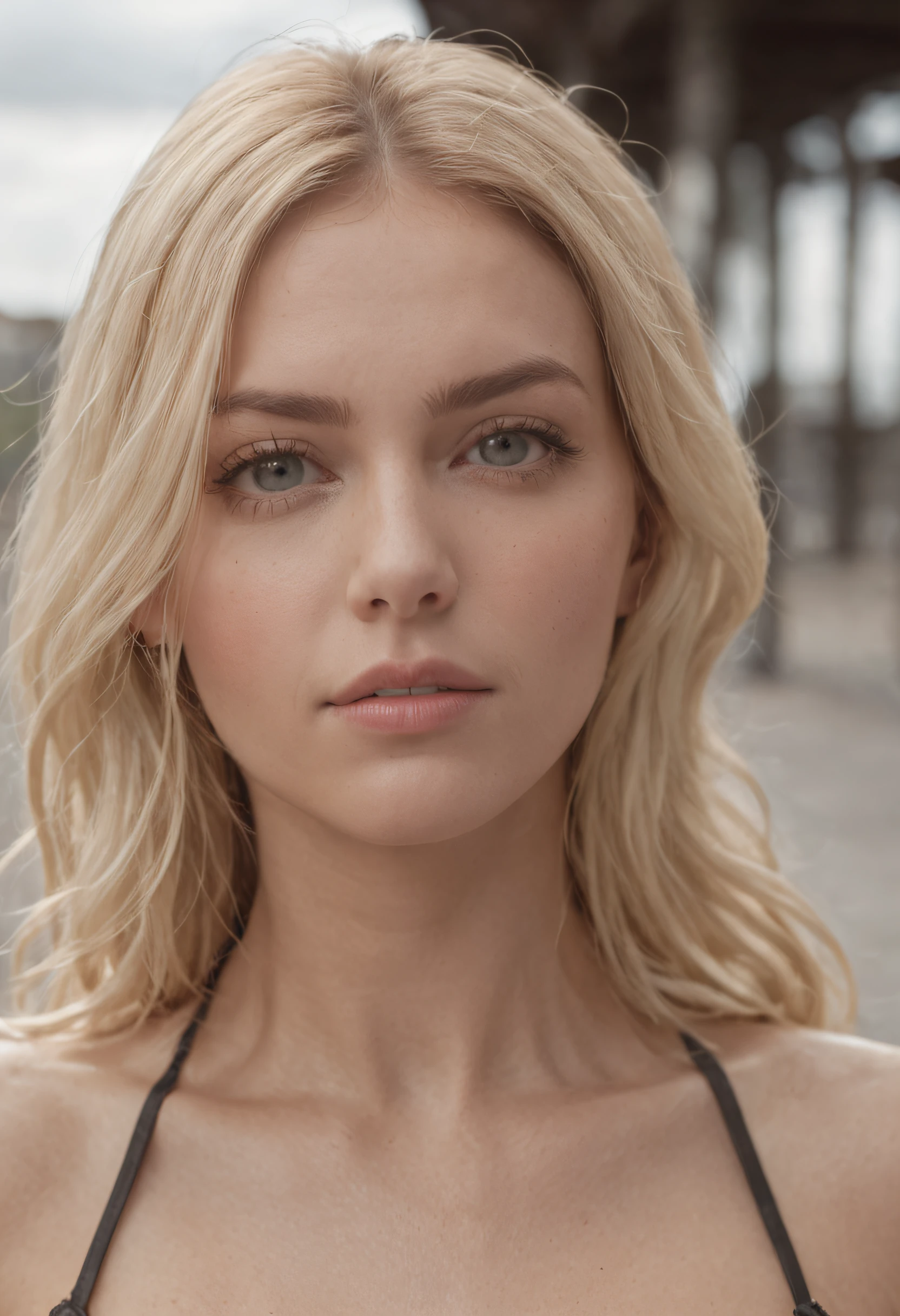 35mm portrait A beautiful blonde woman , big tits ,, Ultra resolution, reflections on the ground and overcast sky, detalhamento intrincado, hiper-realista, Cinematic photorealistic, 4k