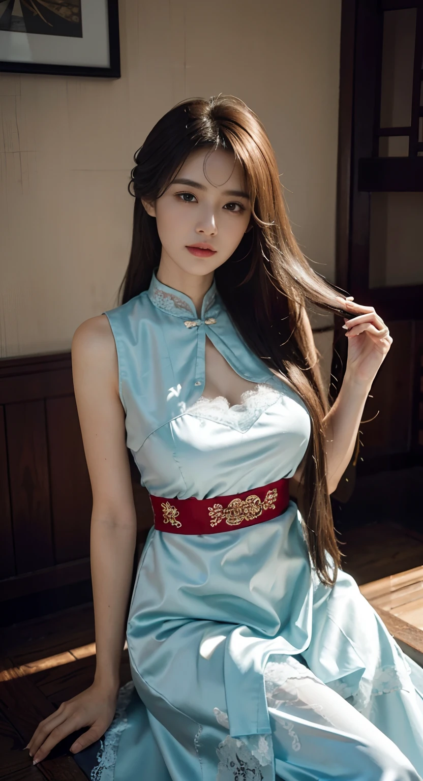 s girl、Smile、(RAW photography、top-quality)、(hentail realism、Photorealsitic:1.3)、Transparent lace、top-quality、high detal、tmasterpiece、ultra - detailed、nedium breasts、brunette color hair、Long hairs、dynamic ungle、world masterpiece theater、Messy_Long_Hair、top-quality、Very detailed 8K wallpaper、Inky、magnifica、电影灯光、lens_F Lal、dunhuang_Style