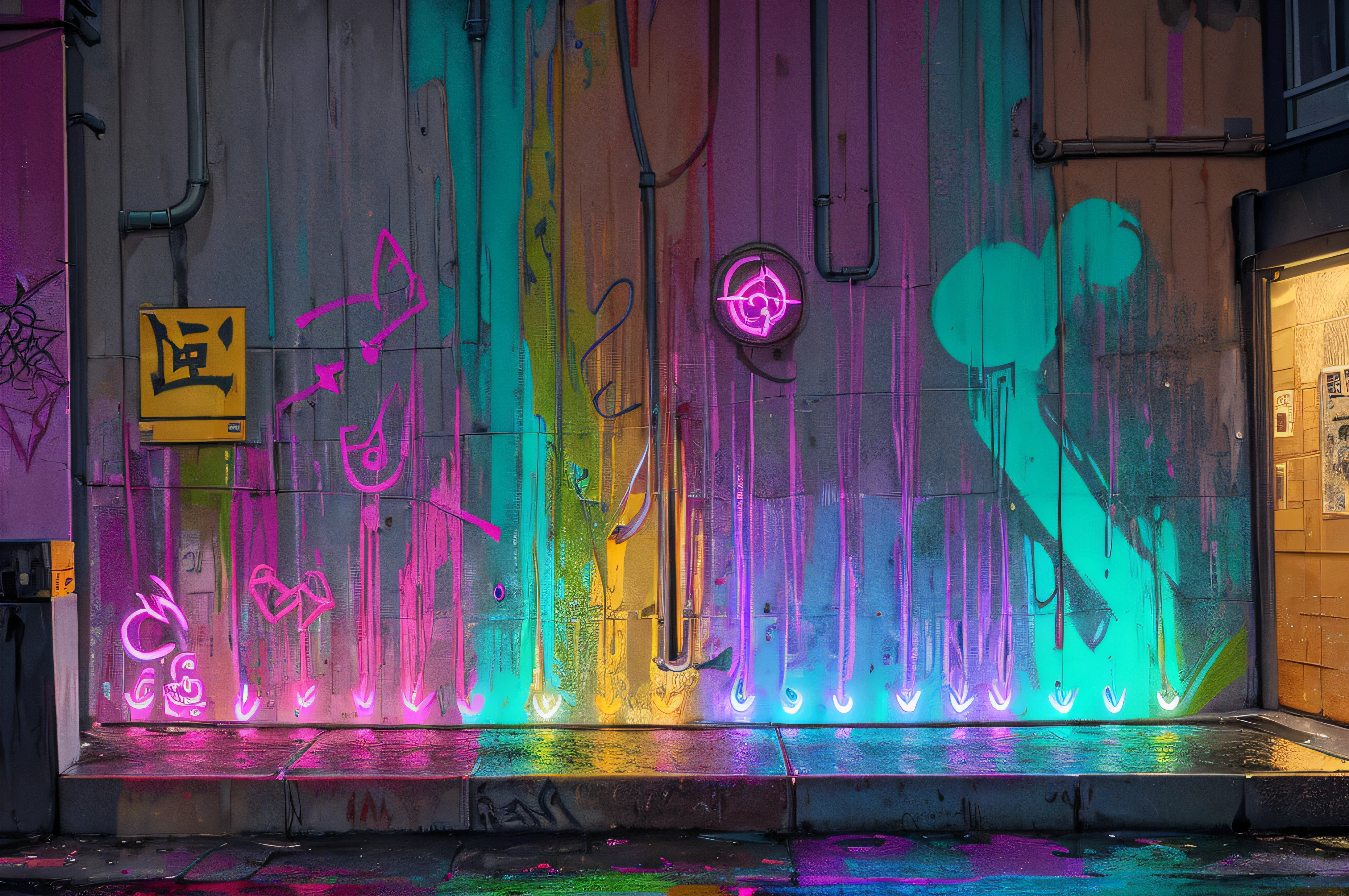 evening, the road lights up, wall covered with graffiti (arcane magical symbols:1.4), (wet street:1.2), (side view:1.2), the camera is looking at the wall